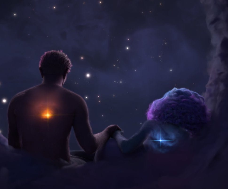 Two glowing-chest figures sit beneath a magical, dreamy sky