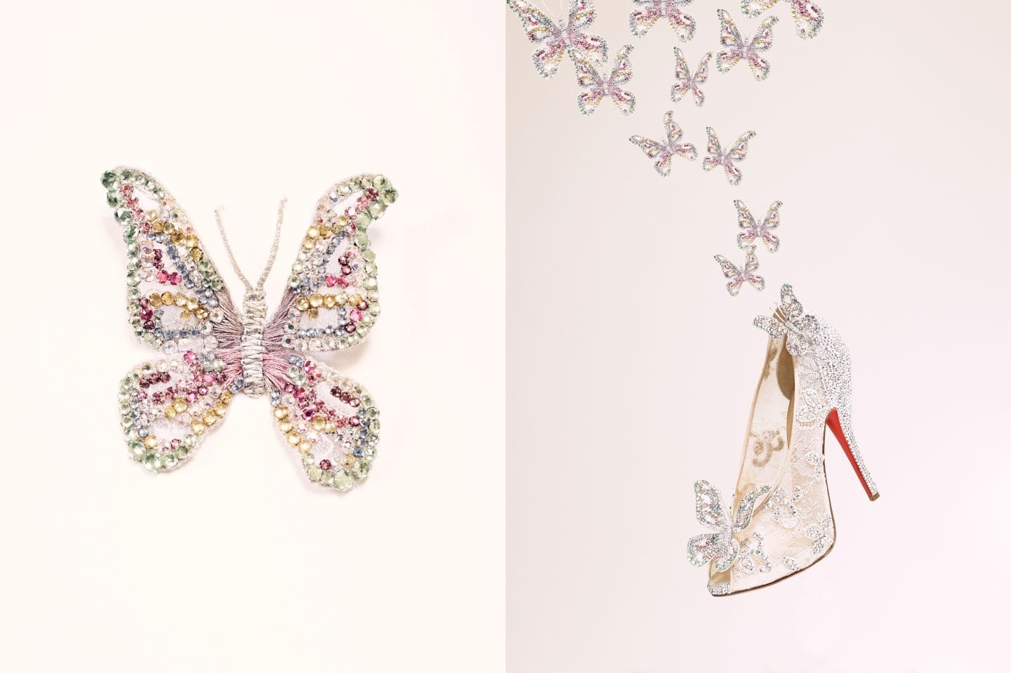 A jeweled butterfly brooch and high-heeled shoe with Disney-inspired butterfly details, reminiscent of magical park costumes.