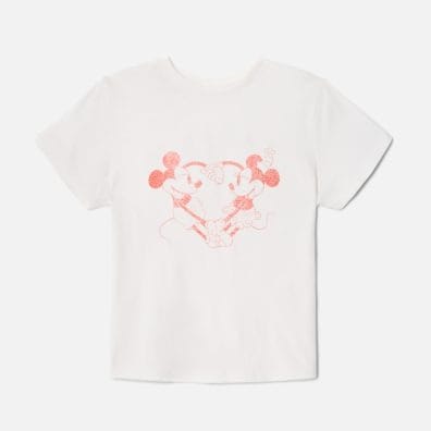White T-shirt with red outline of two cartoon mice sharing a drink, reminiscent of classic Disney style—ideal for park fans worldwide.