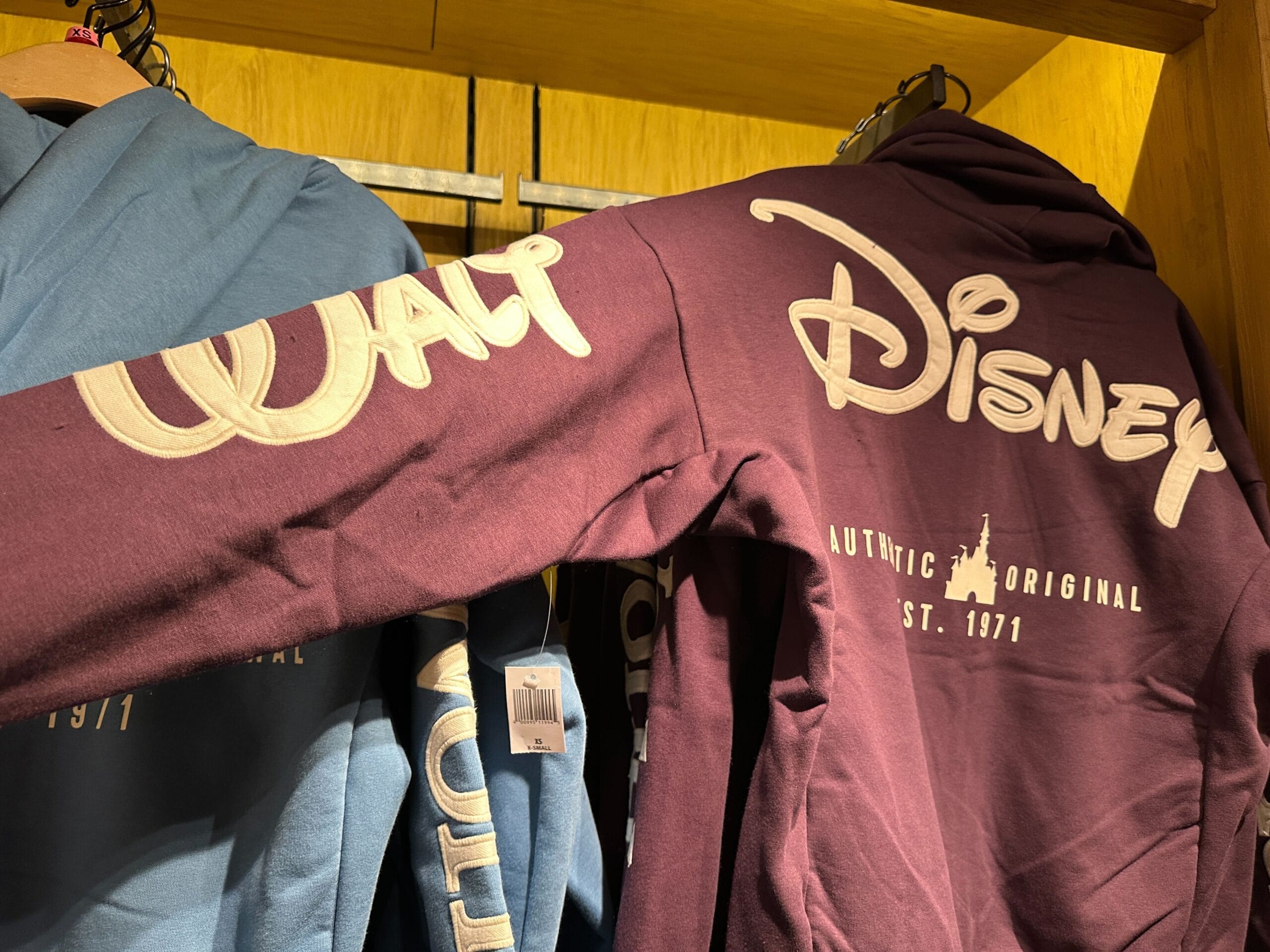 Maroon hoodie with “Walt Disney” text and castle logo, similar to Magic Kingdom’s Cinderella Castle, next to blue Disney World hoodies in store.