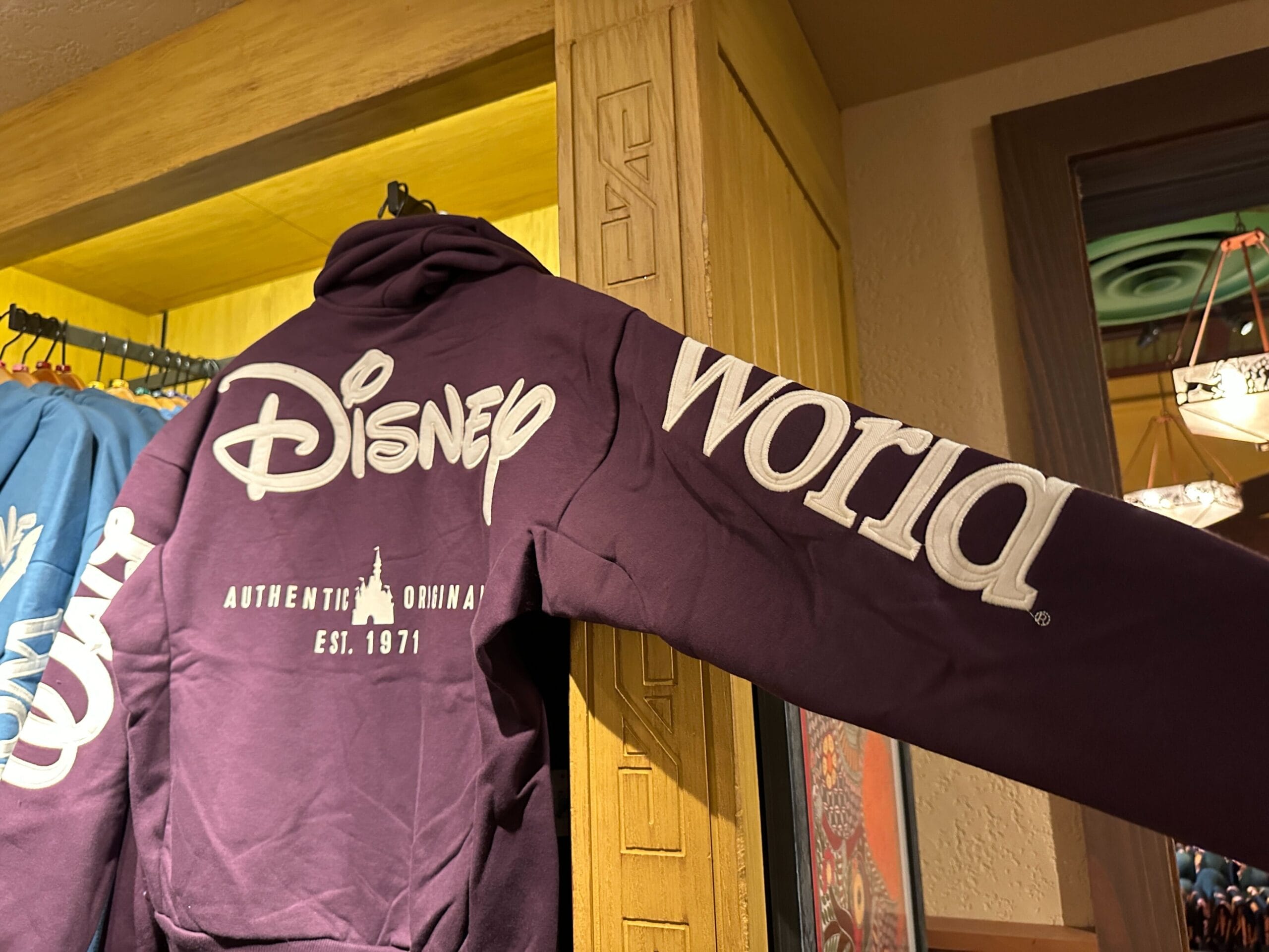 Purple "Walt Disney World" hoodie with white lettering, "Authentic Original Est. 1971" on the back, classic Magic Kingdom style.