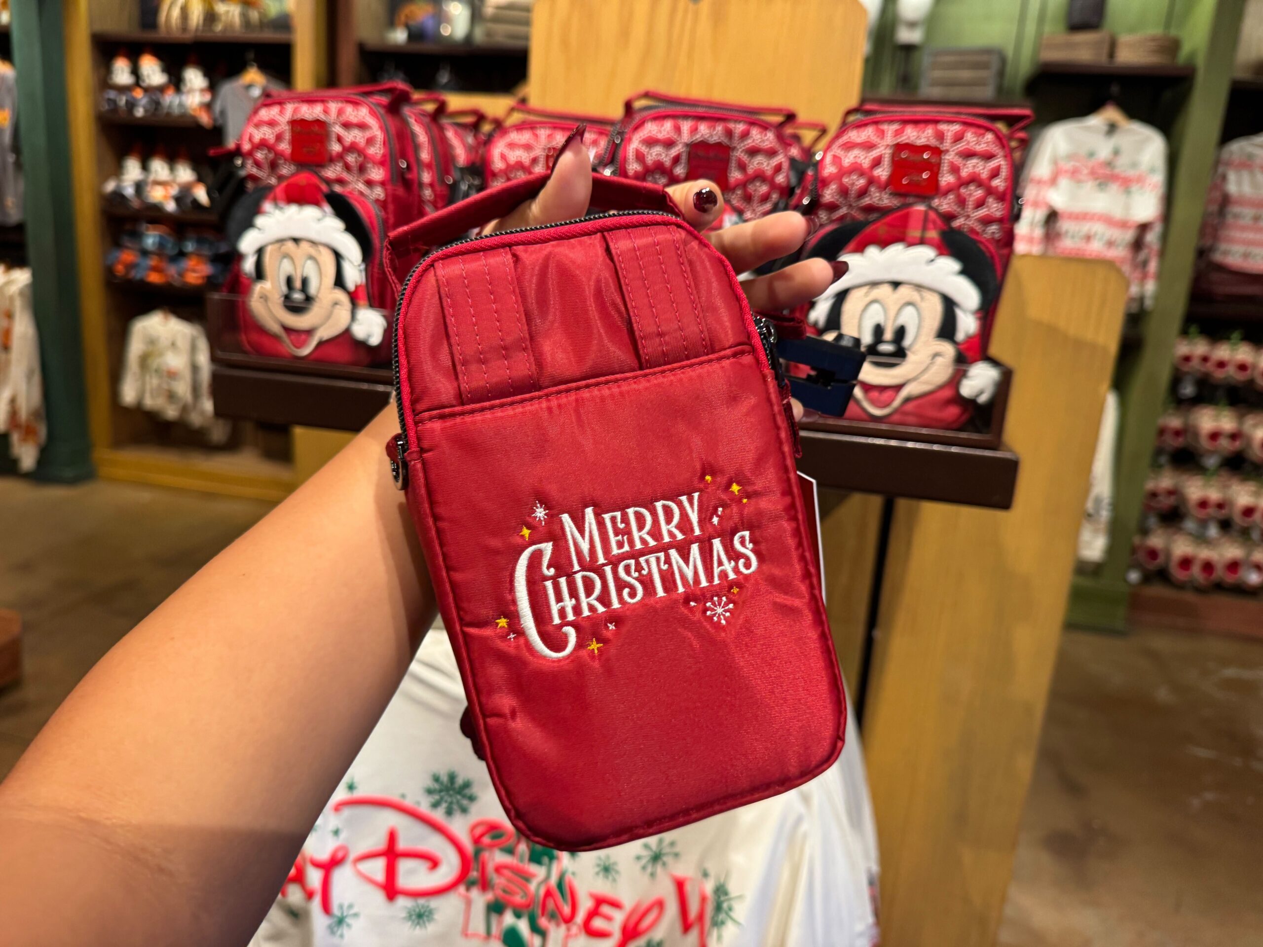 A hand holds a red "Merry Christmas" bag, with 2025 Walt Disney World holiday bags displayed in the background.