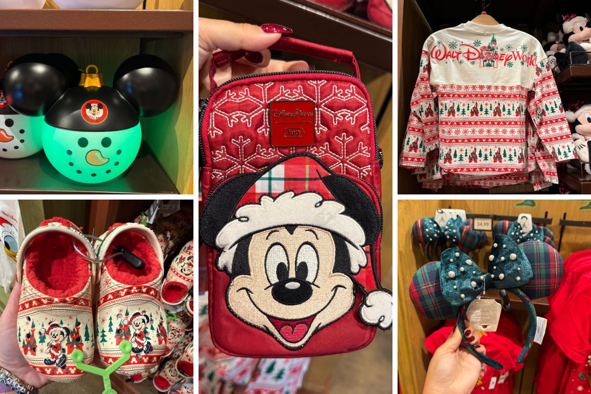 Disney Christmas merchandise: Mickey snowman mug, backpack, festive sweatshirt, slippers, and 2025 Minnie ear headband.