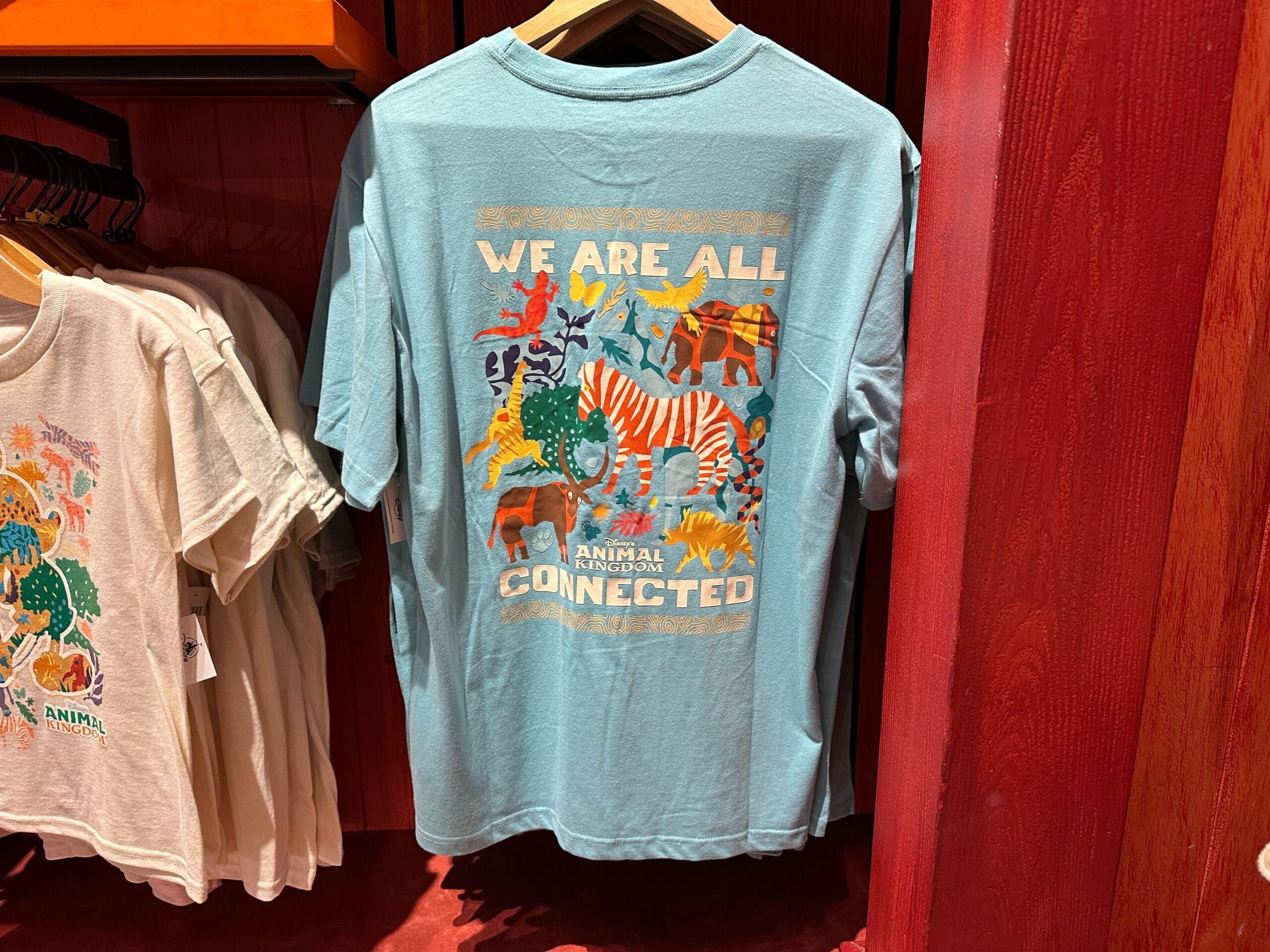 Light blue tee from Disney's Animal Kingdom, features vibrant animal art and "We are all connected"—no castle like at Disney parks.