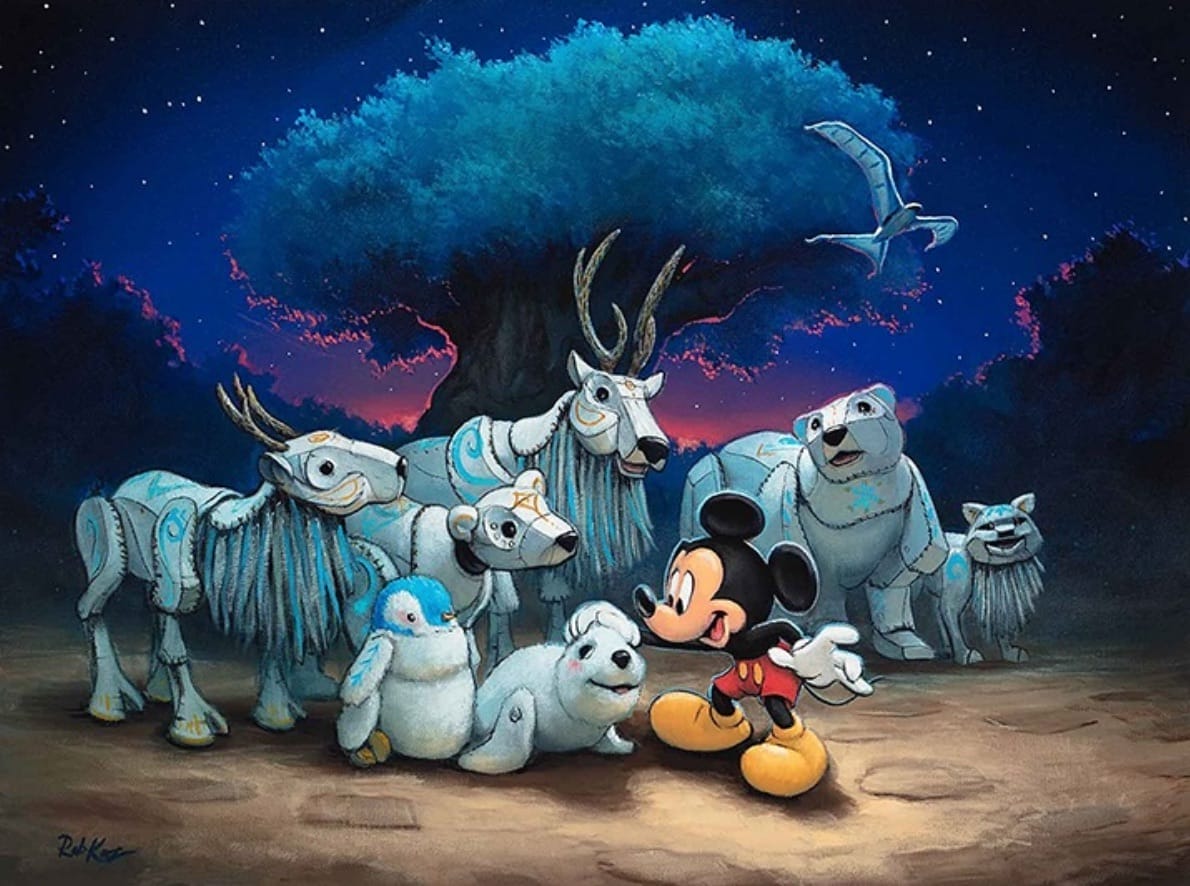 Mickey Mouse waves goodbye to friendly robot animals under a tree at night, a bird soaring above—magical Disney park vibes.