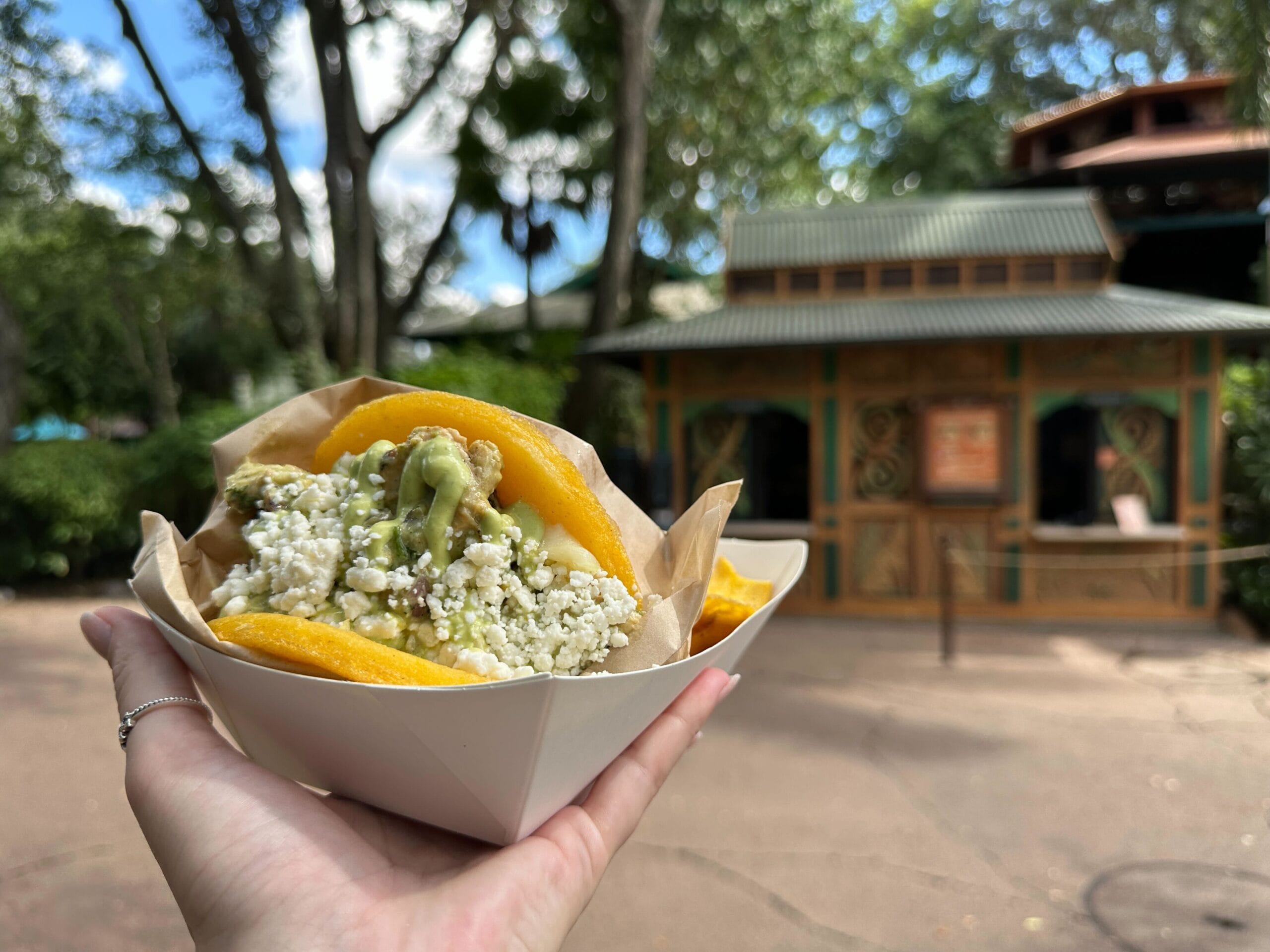 A hand holds a yellow arepa topped with cheese and avocado at Terra Treats, an outdoor food stand in Disney’s Animal Kingdom.