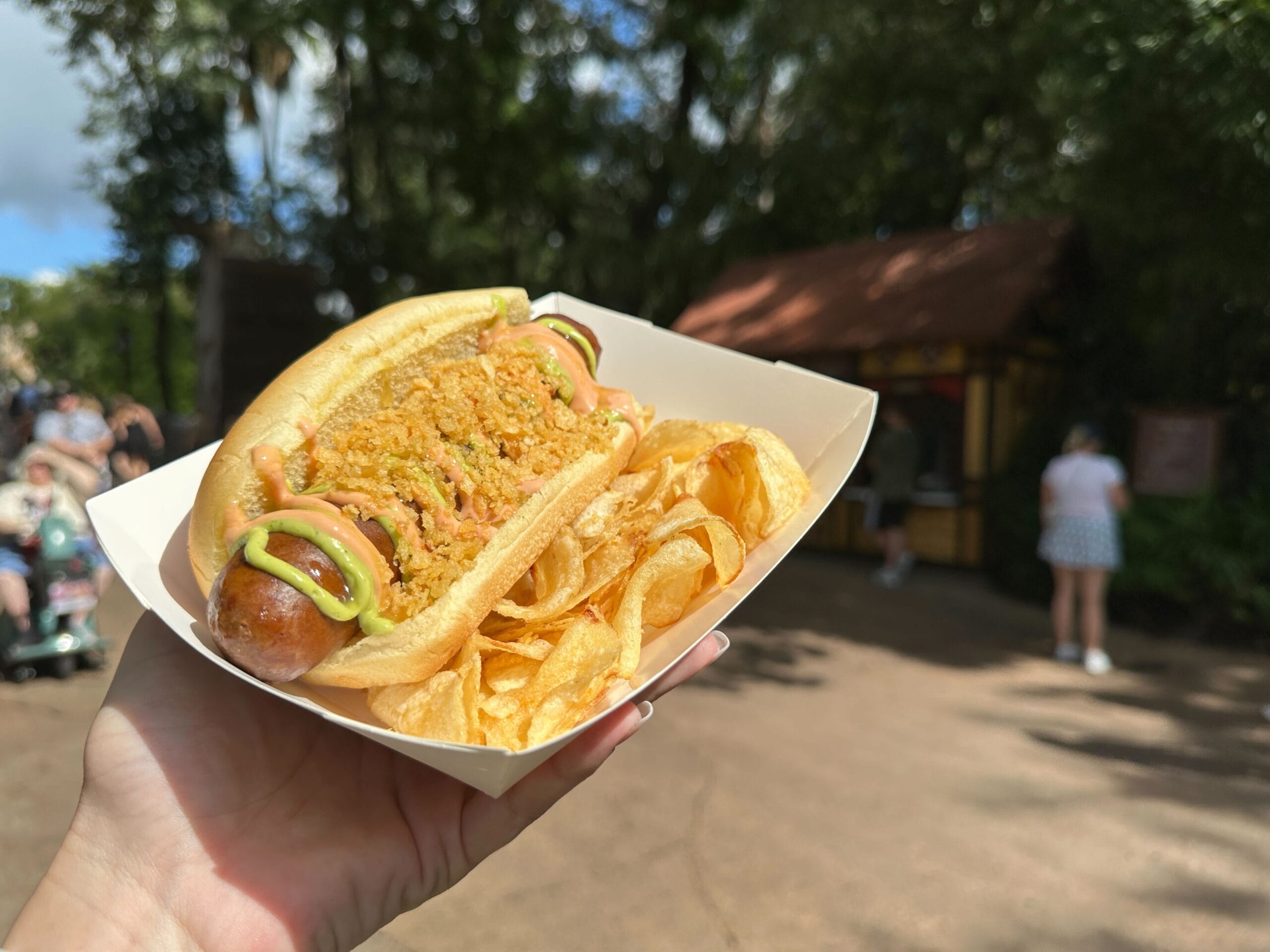 At Disney’s Terra Treats, a hand holds a Colombian-Style Hot Dog with sauce and crumbs, served with chips, enjoyed outside.