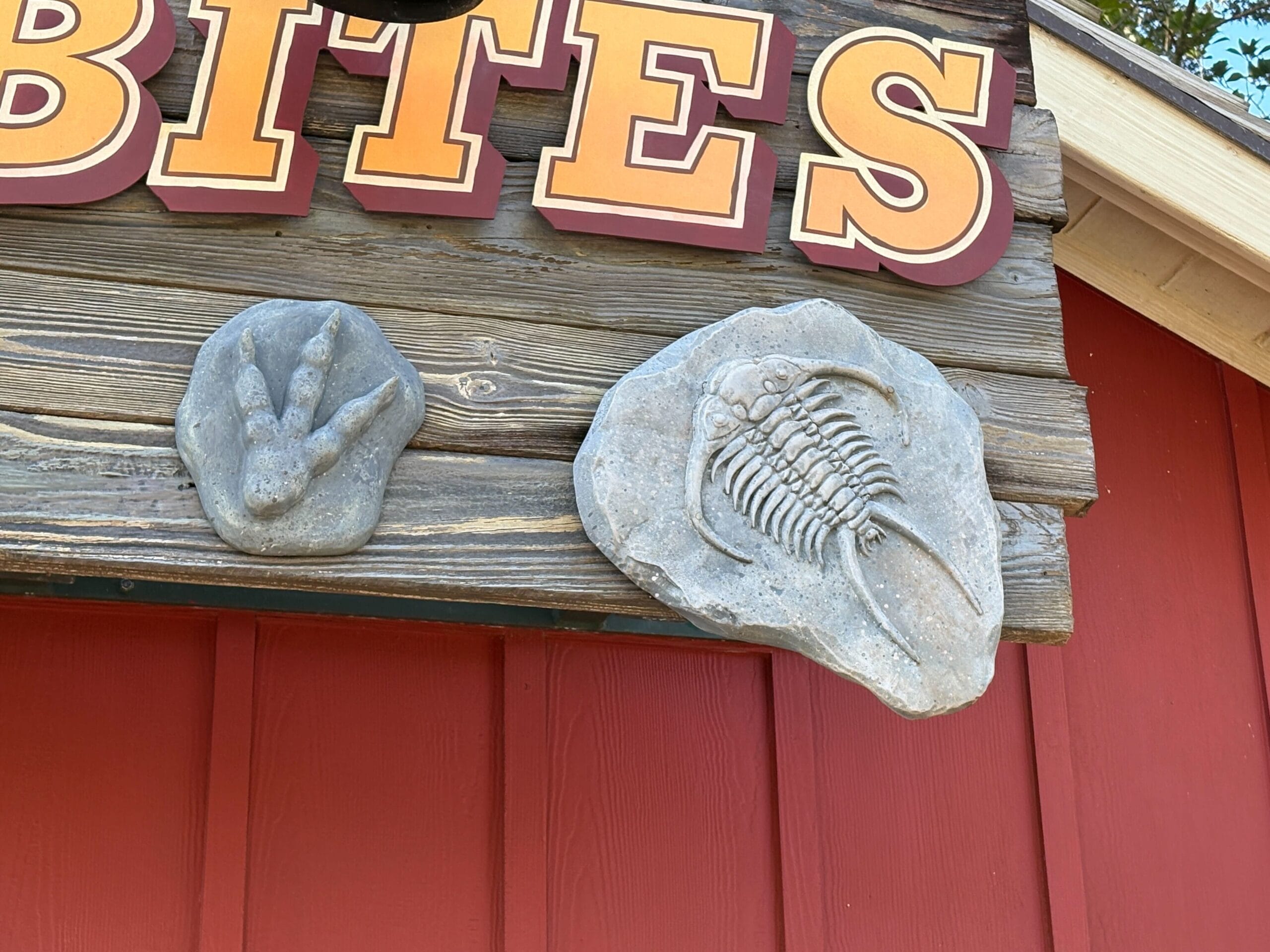 Stone fossils—a dinosaur footprint and trilobite—beneath the Trilo-Bites sign at Disney’s Animal Kingdom, no castle present.