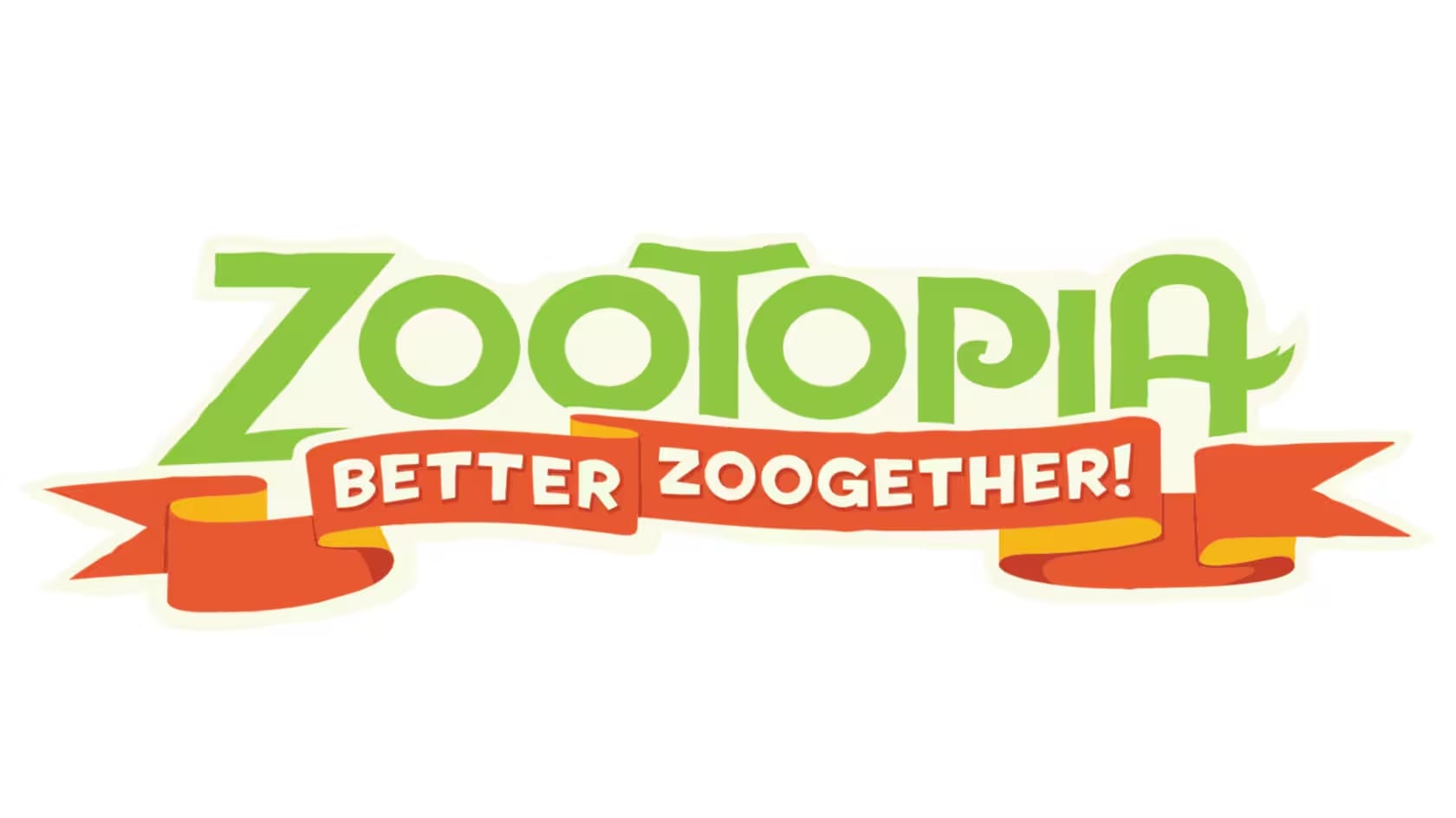 Zootopia logo in green, red ribbon says ‘Better Zoogether!’, plus a Lightning Lane nod—set on white, no castle like Disney parks.