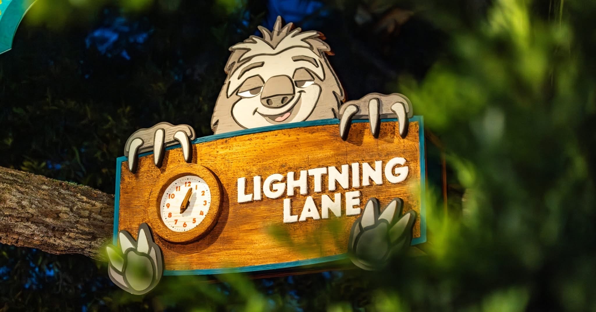A cartoon sloth in a leafy setting holds a "Lightning Lane" sign with a clock, like you’d spot on Disney Parks attractions.
