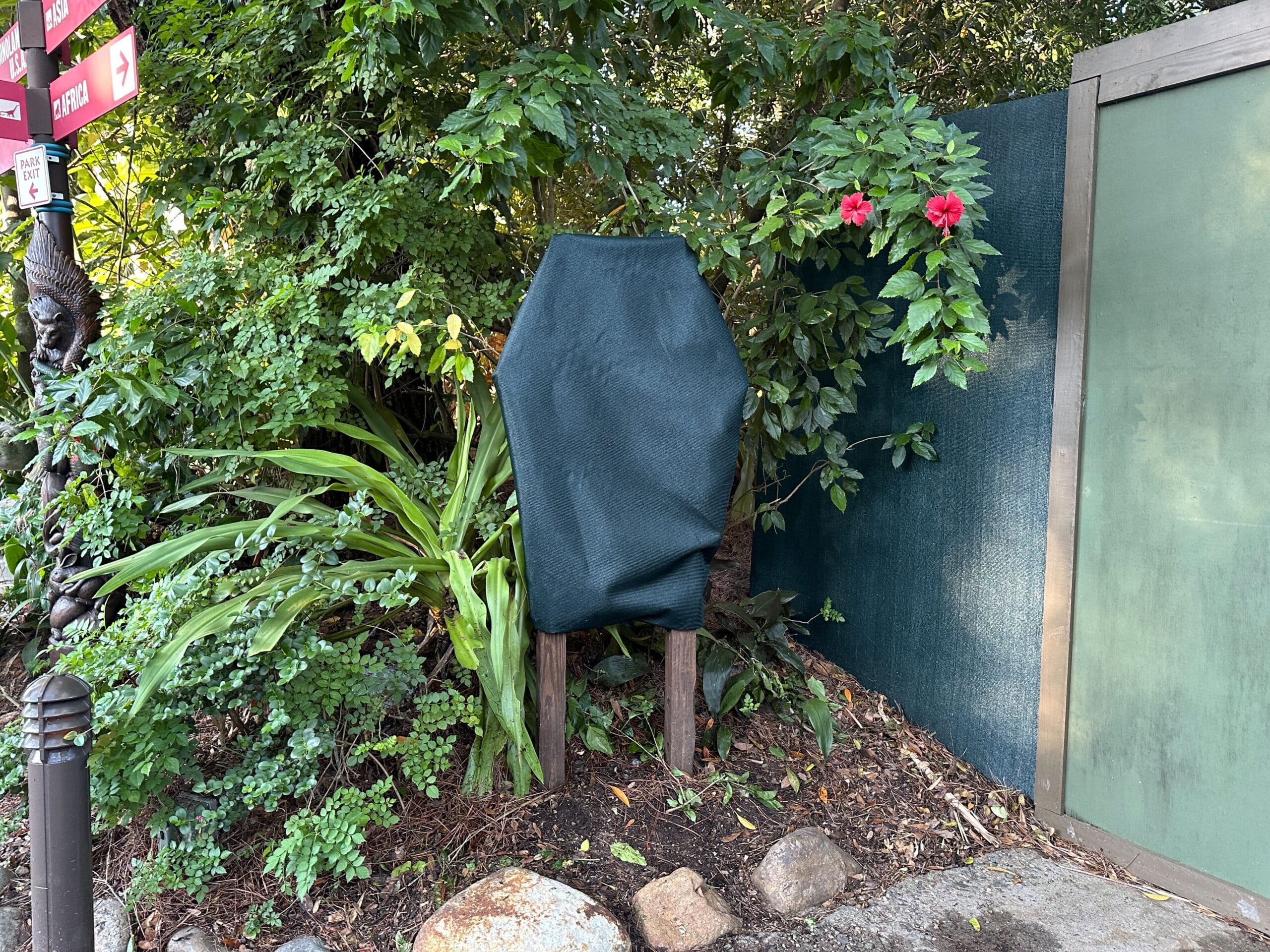 A small sign draped in black cloth stands among lush greenery at Animal Kingdom, a unique spot compared to Disney’s iconic castle views.