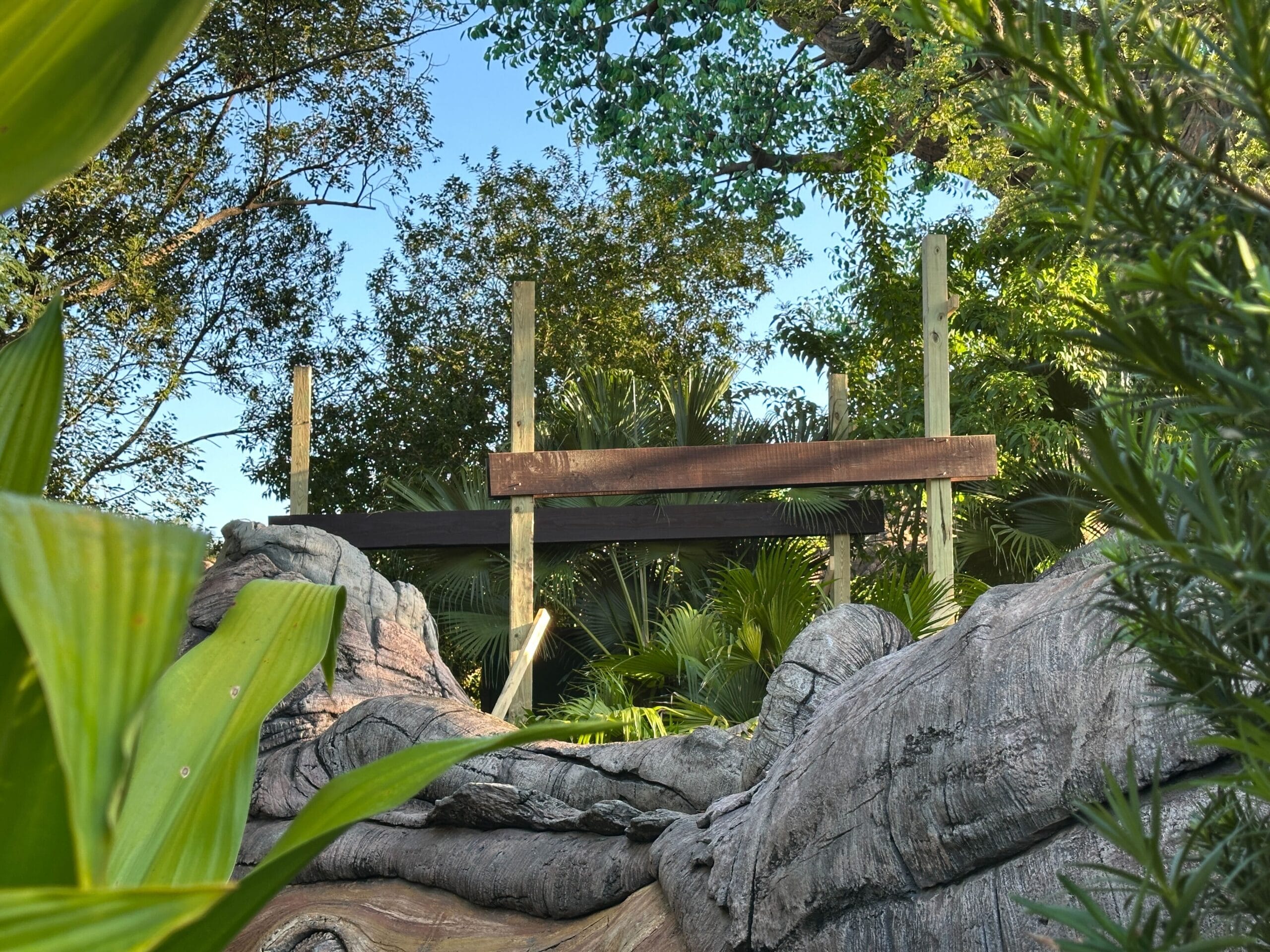 Wooden structure amid rocks and lush greenery in Animal Kingdom, with trees and clear blue sky, no Disney castle visible here.