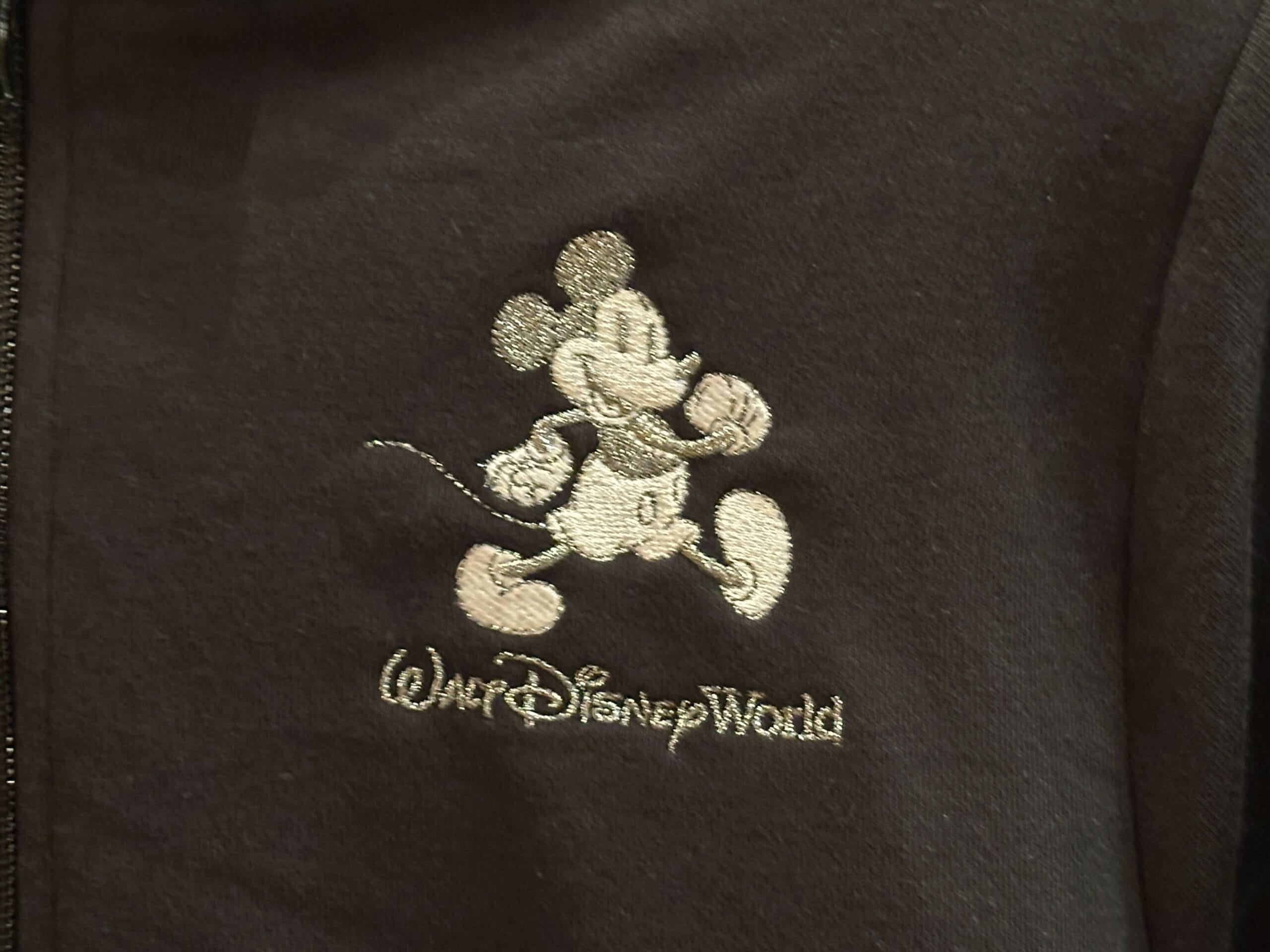 A cozy Sherpa hoodie with Mickey Mouse and "Walt Disney World" in gold embroidery, echoing the classic Florida castle style.