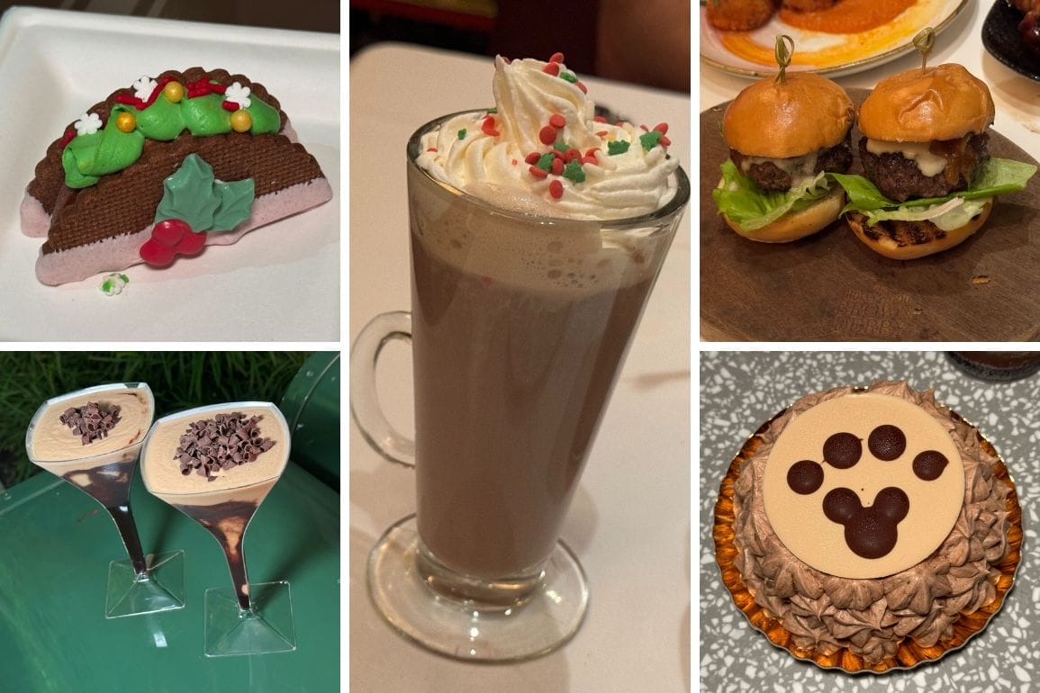 A Walt Disney World Jollywood Nights collage with holiday treats, like a Mickey cake and a Sold Out log cake, no castle pictured.