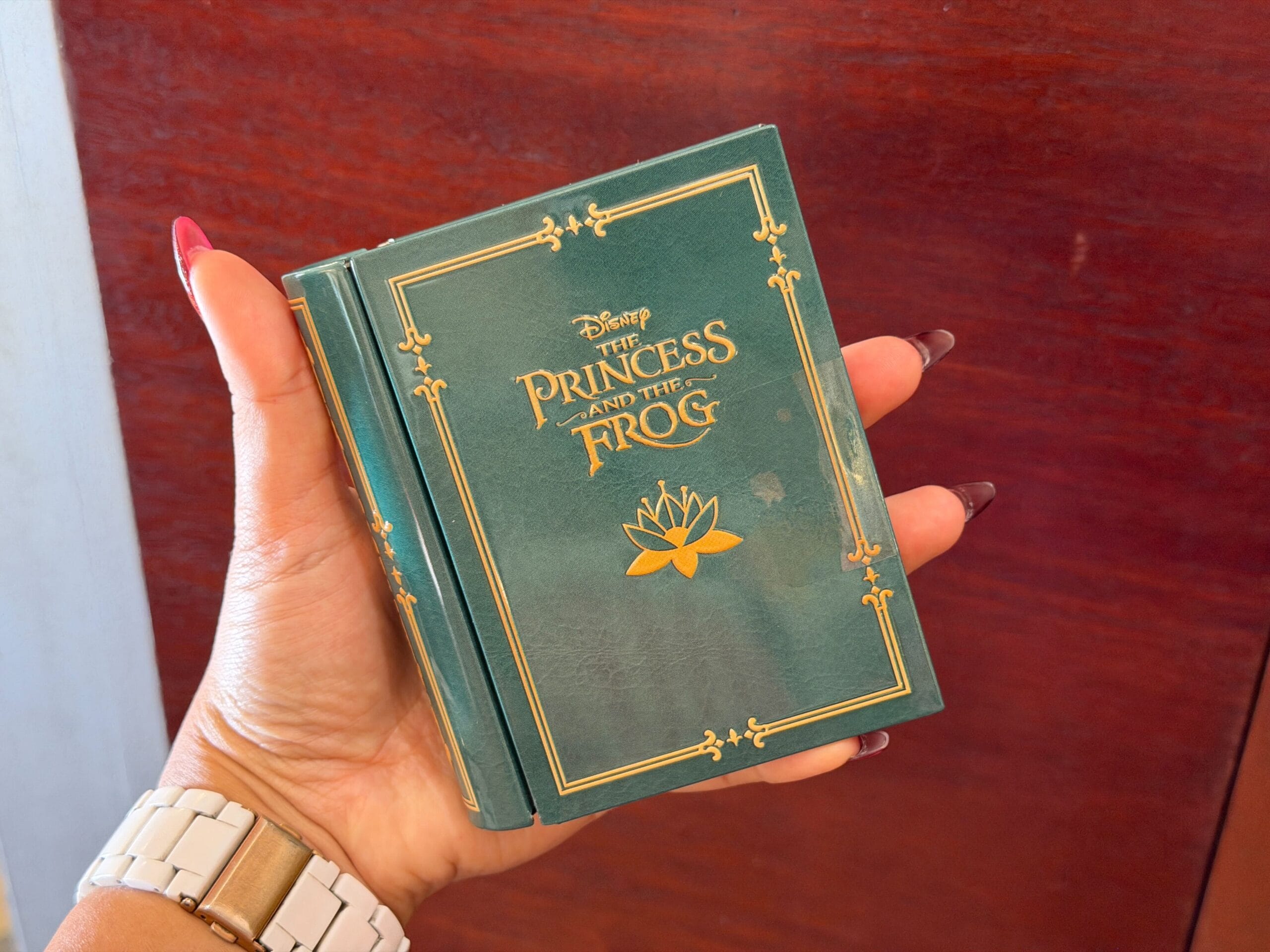 A hand holds a small green "The Princess and the Frog" souvenir tin with gold accents—an item often found at Disney parks.