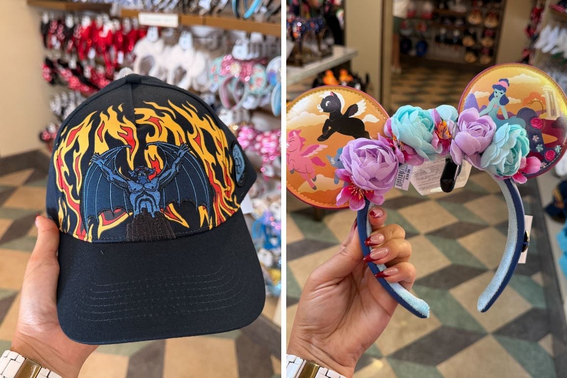 Daily Recap: Left, a hat with flames and a bat—no castle like Disney’s. Right, Disney princess headband with purple flowers.