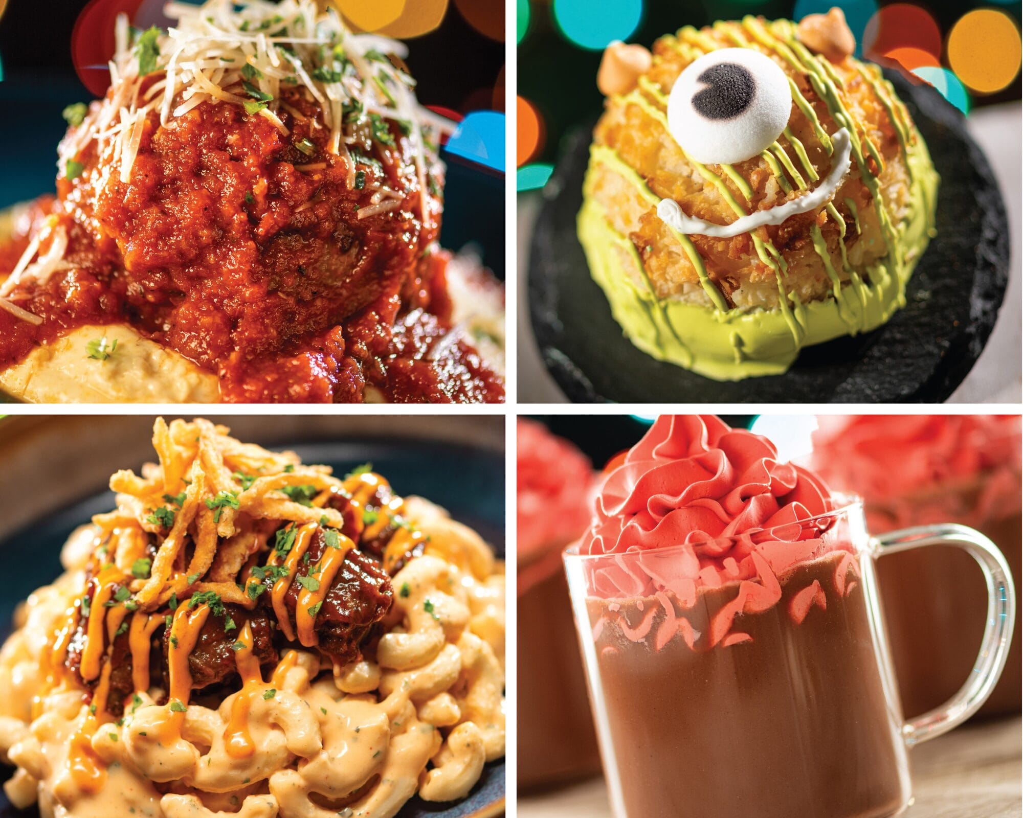 A selection of four Disney park dishes: a monster-themed pastry, plus classics like spaghetti, macaroni, and creamy cocoa.
