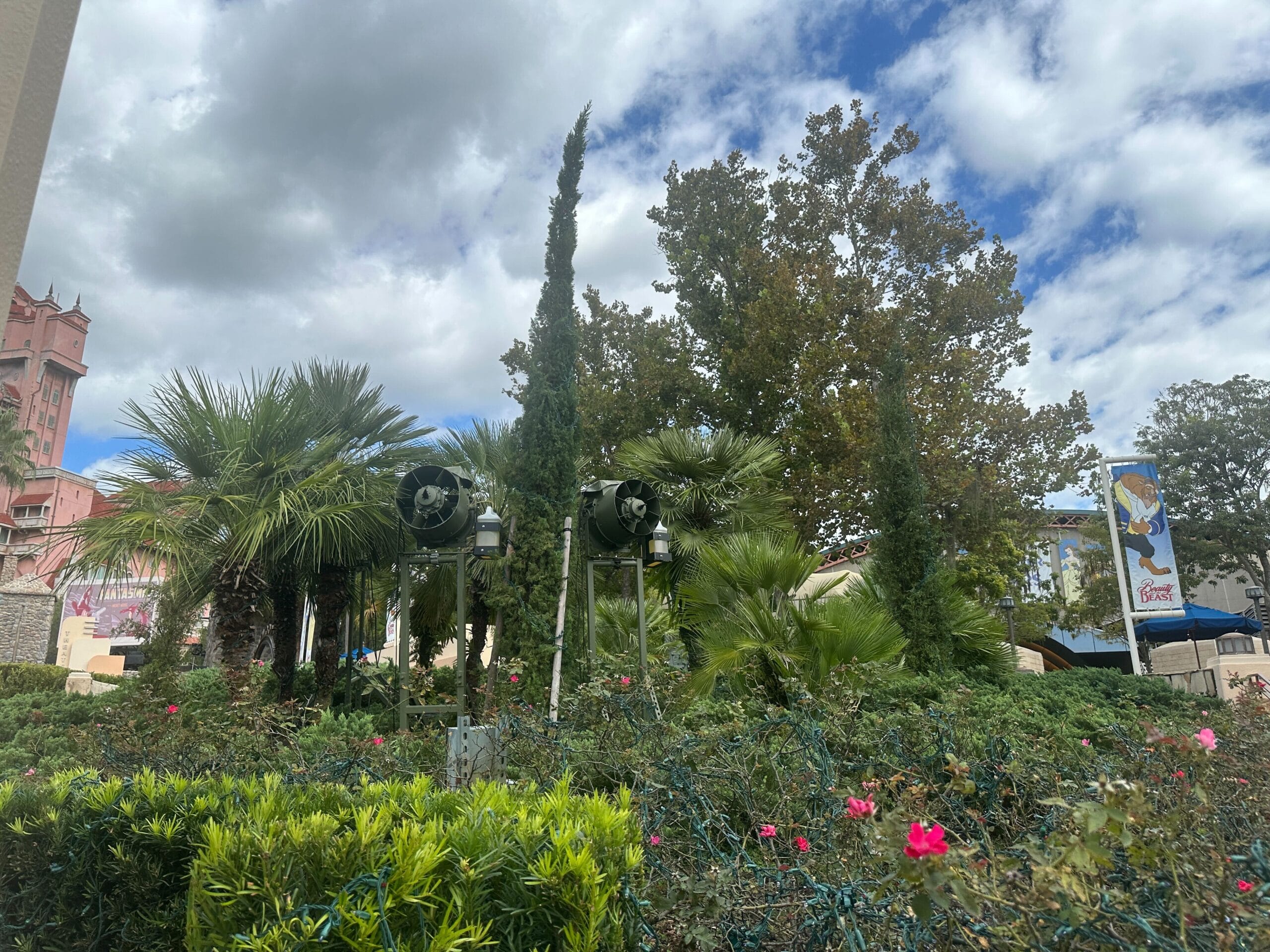 A lush Disney garden with palms, blooms, and lamp posts evokes Hollywood Studios vibes beneath a cloudy sky—no castle in view.