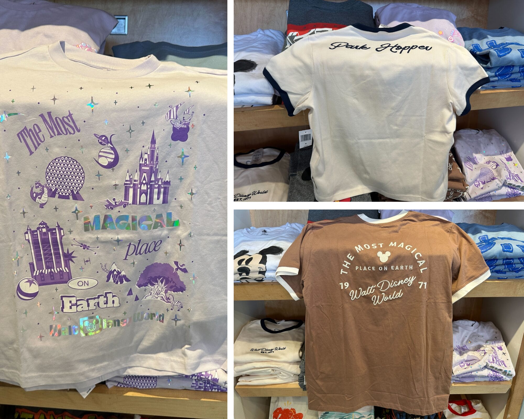 Three Disney Parks-themed t-shirts shown, each with magical designs and Park Hop text; no park-specific castles are depicted.