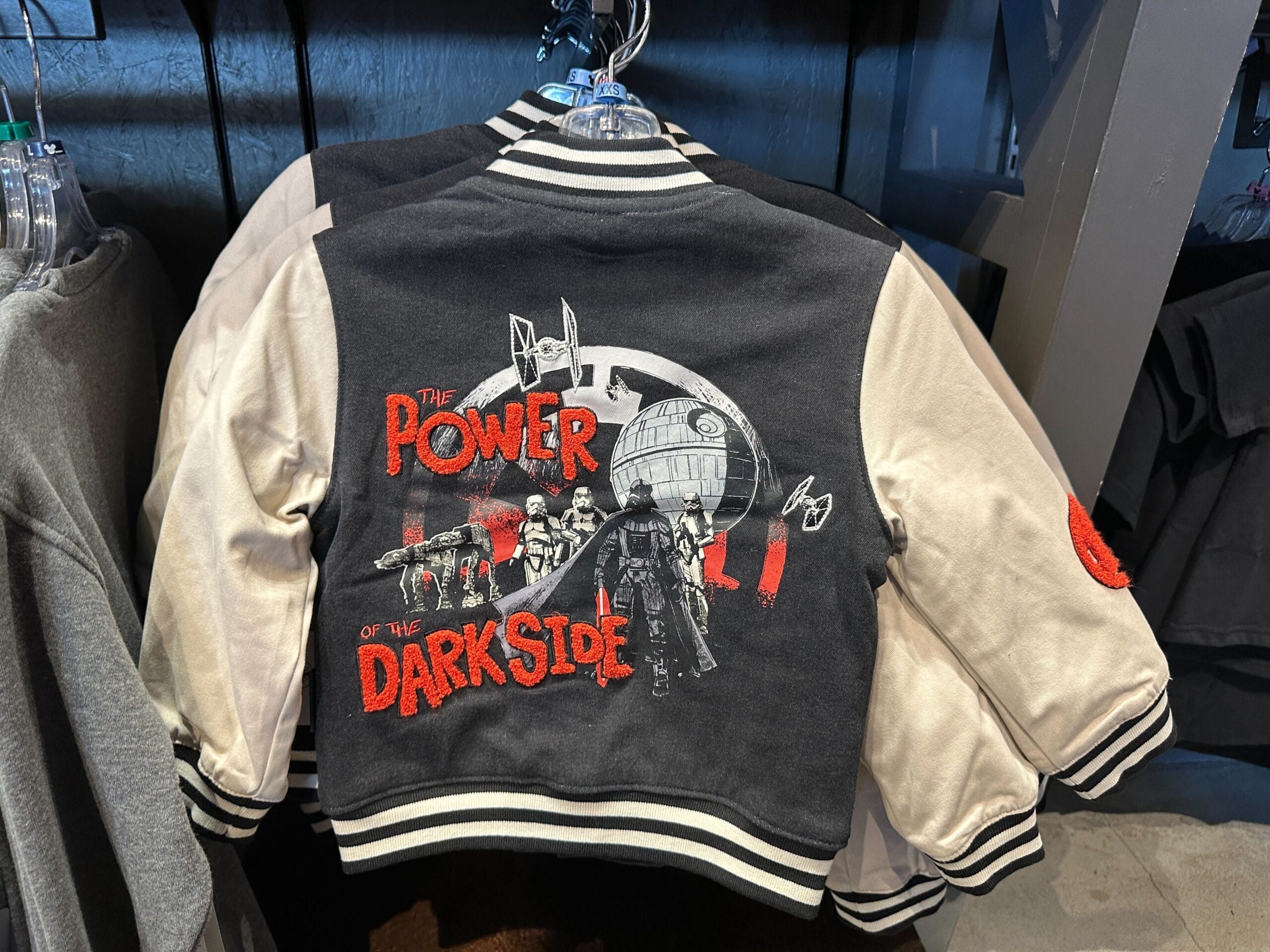 A Star Wars Apparel jacket with "The Power of the Dark Side," Darth Vader, stormtroopers, and the Death Star—no Disney castle seen.