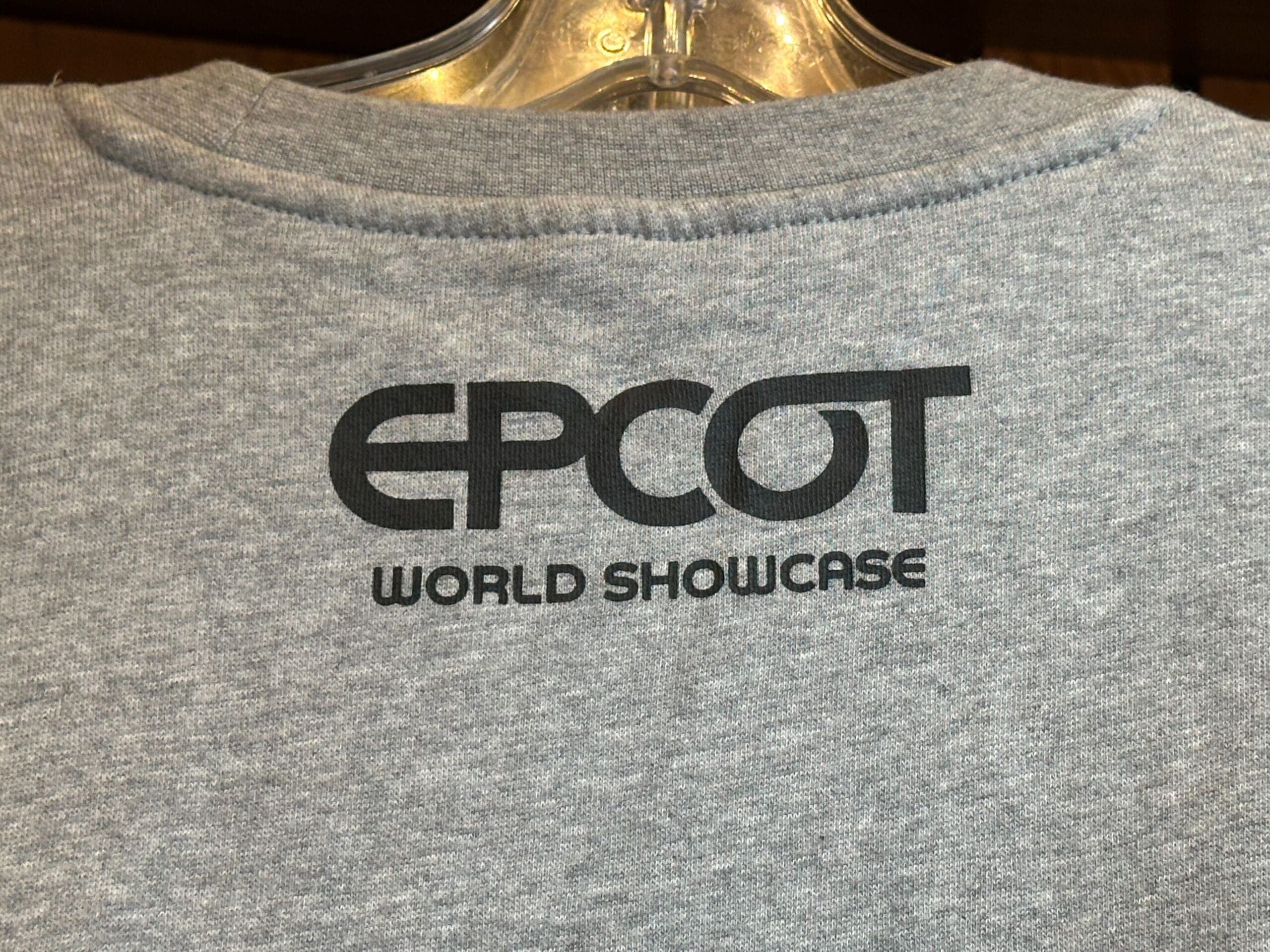 Gray shirt from the EPCOT Sweatshirt Collection with black "EPCOT WORLD SHOWCASE" text on the back, on a clear hanger.