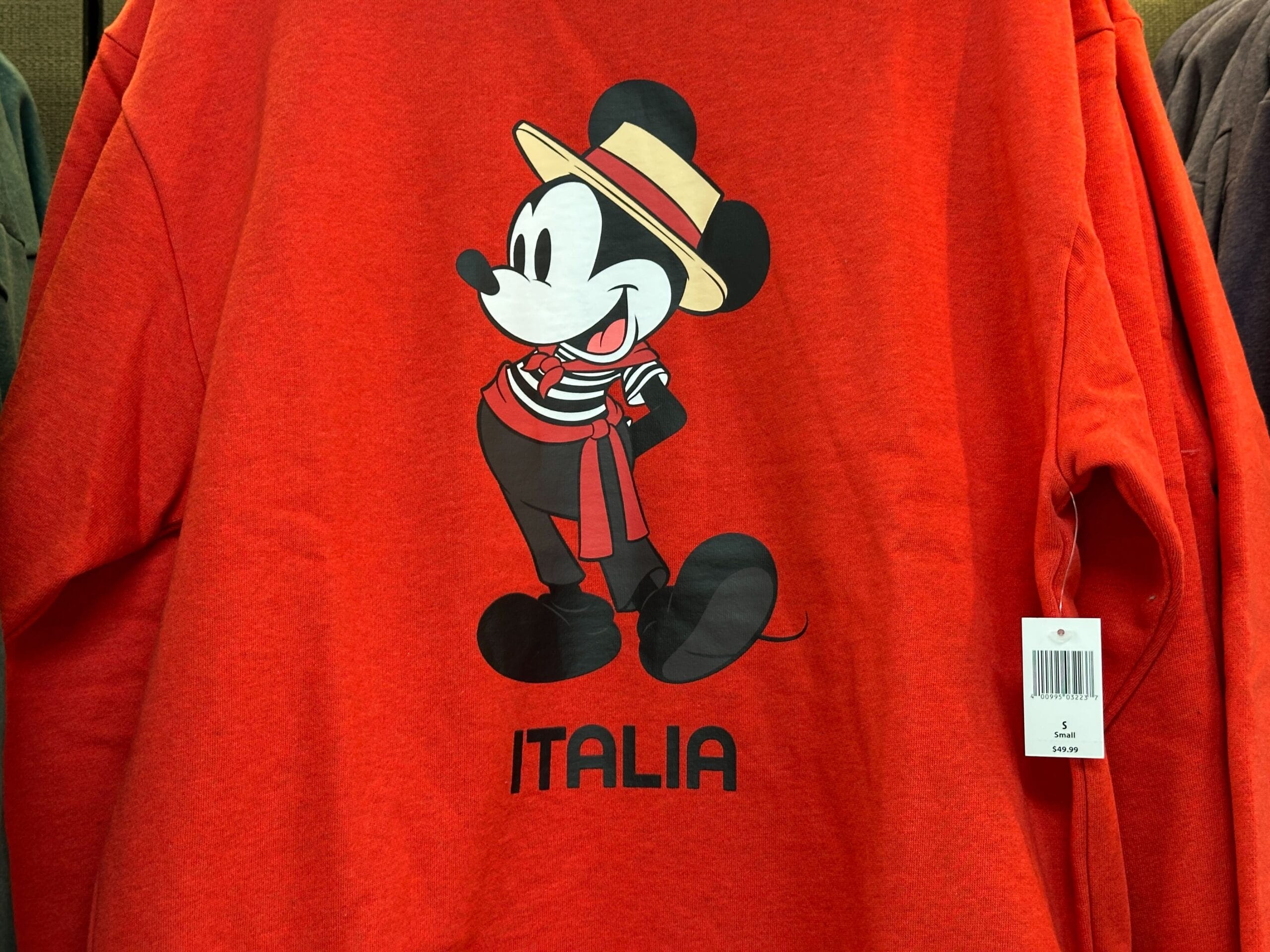 Red sweatshirt from the Sweatshirt Collection featuring Mickey Mouse as an Italian gondolier and "ITALIA" below.