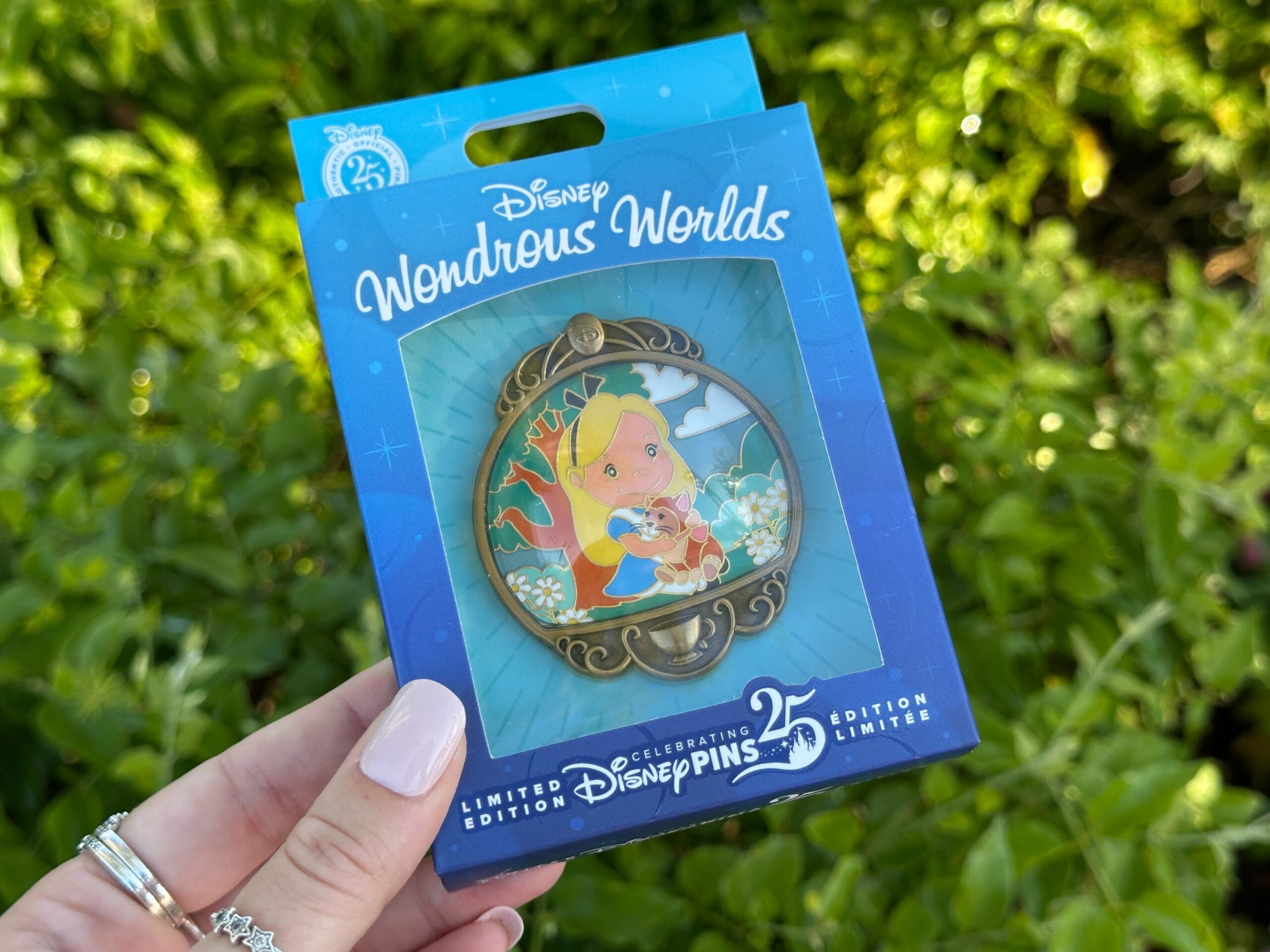 A hand displays a Disney World 25th anniversary pin with "The Sword in the Stone" scene, celebrating Magic Kingdom history.