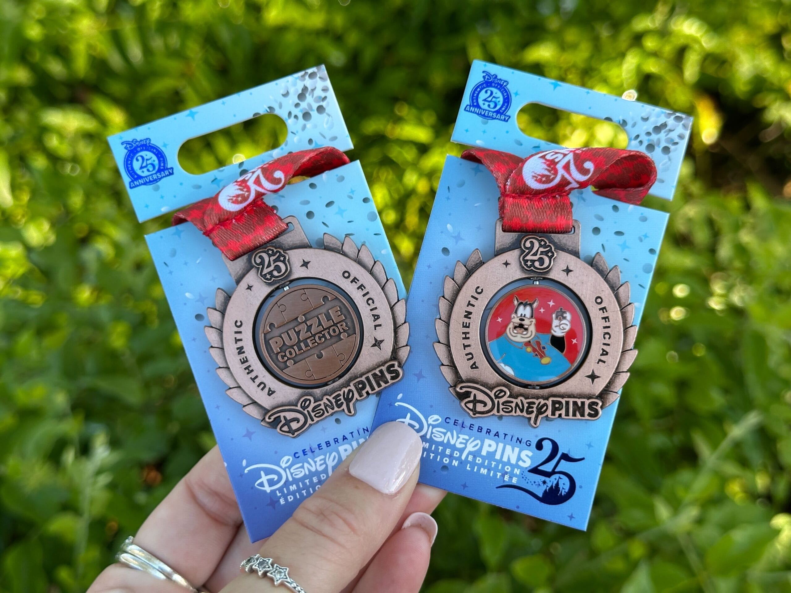 A hand displays two Disney World 25th anniversary pins in packaging, leafy background behind—no castle like Cinderella Castle visible.