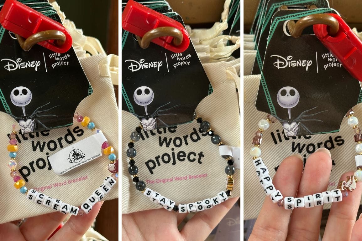 Three Nightmare Before Christmas bracelets by Little Words Project feature Jack Skellington tags and Disney World-inspired phrases.