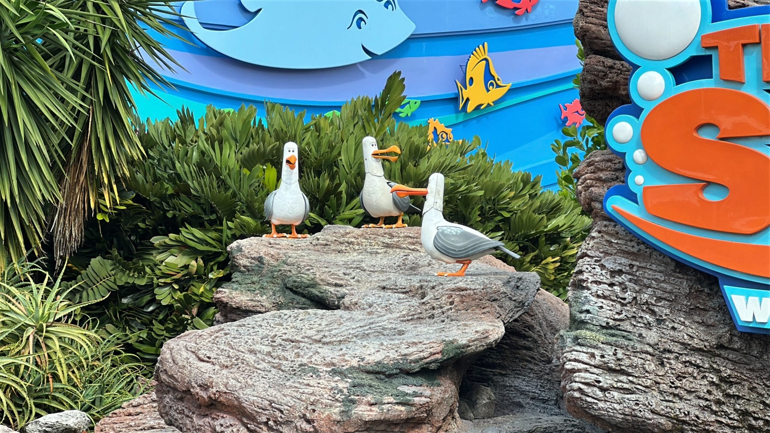 Three cartoon seagull statues perch on rocks by a Splash-themed sign amid lush plants at EPCOT, with no castles in view.
