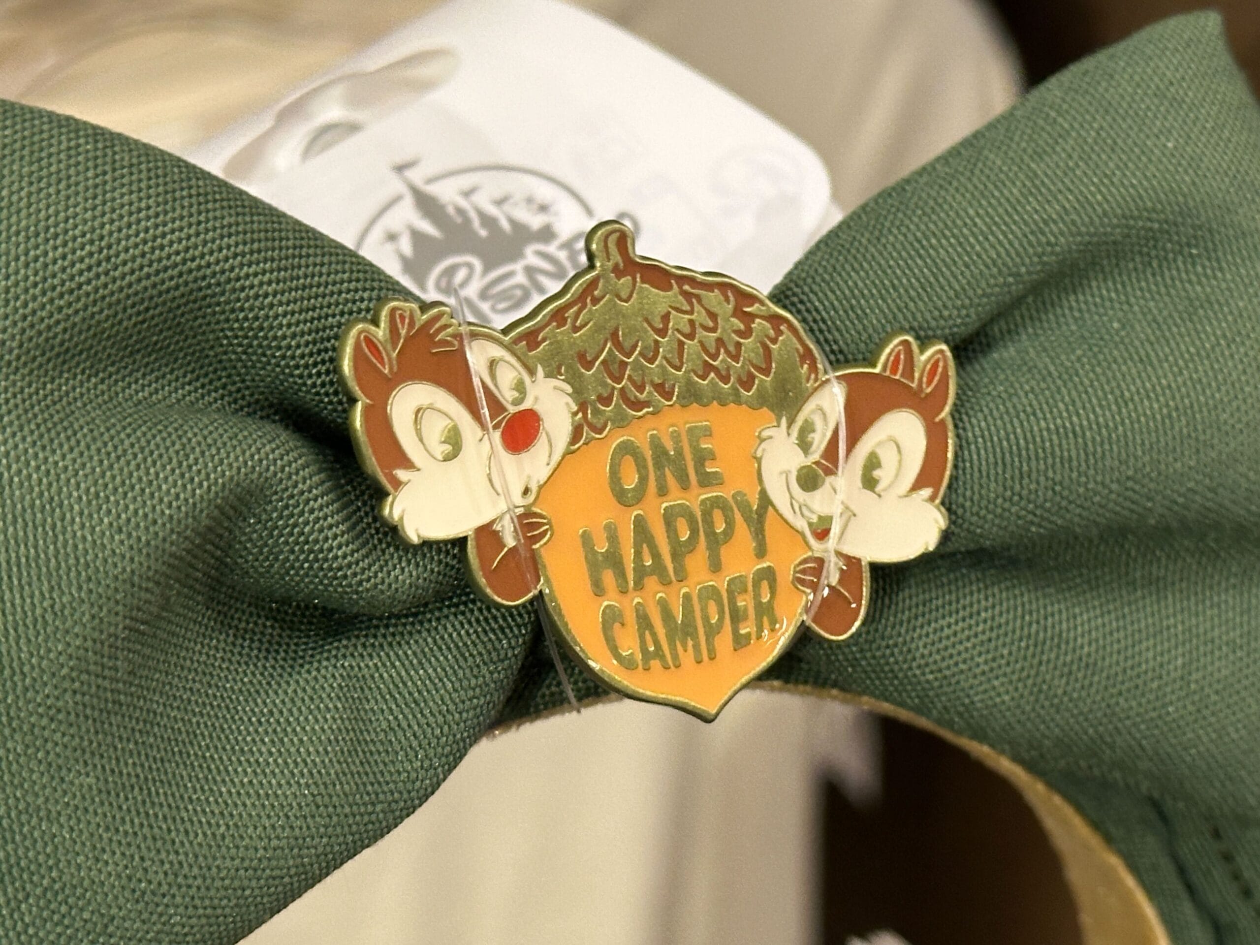 A green bow ear headband with a pin of Chip and Dale at Disney's Fort Wilderness, reads "One Happy Camper.