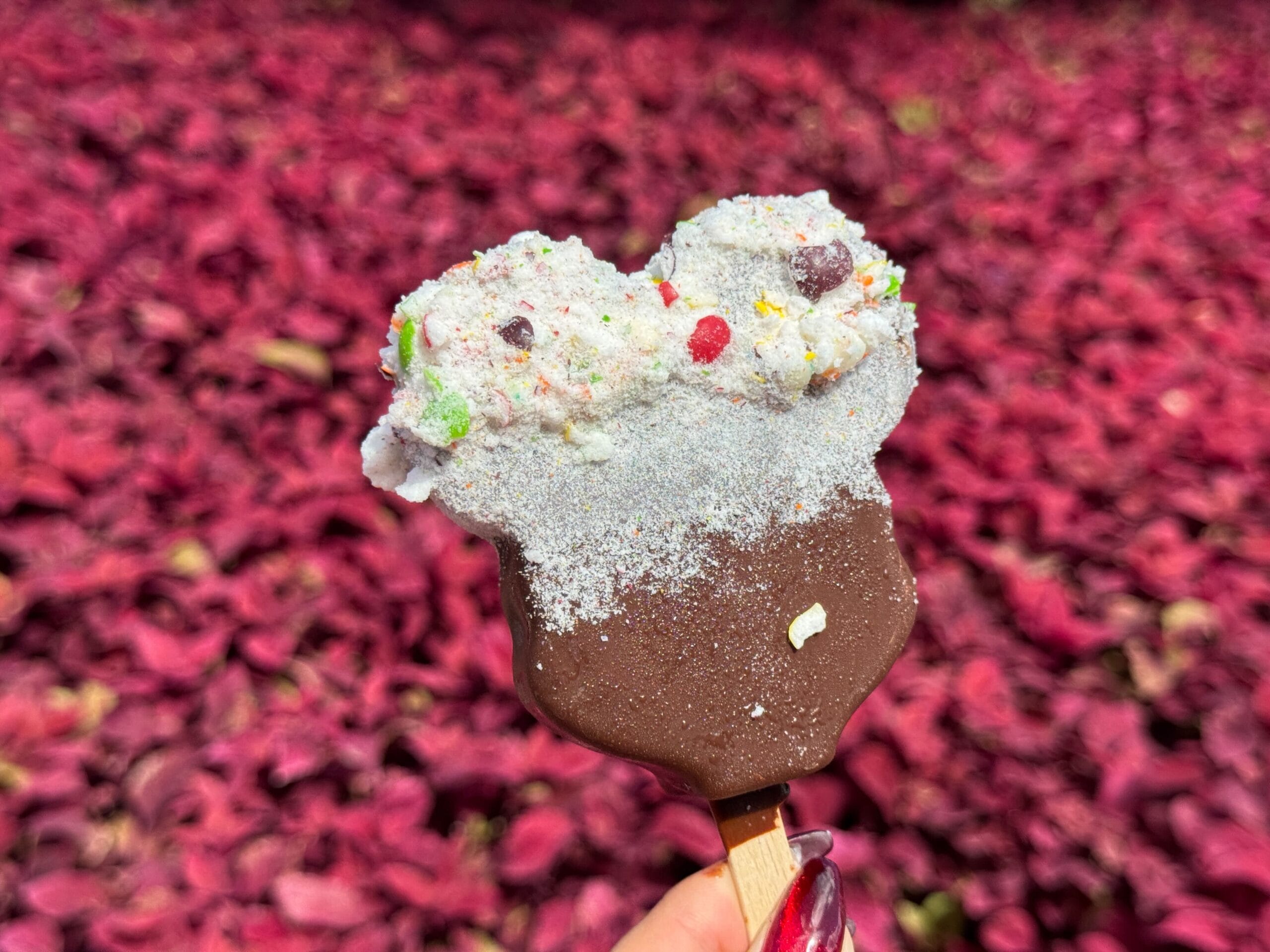 A hand holds a chocolate-dipped Mickey Ice Cream Bar topped with Skittles, perfect for a Disney park day, red flowers blurred behind.