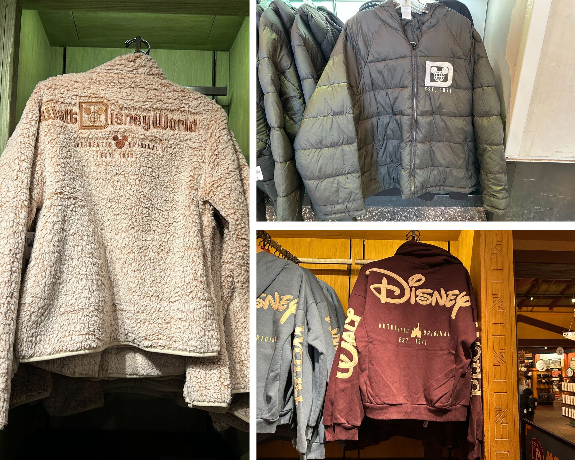 Three jackets—tan fleece, gray puffer, and burgundy hoodie—all sporting Walt Disney World logos, nodding to the Florida park.