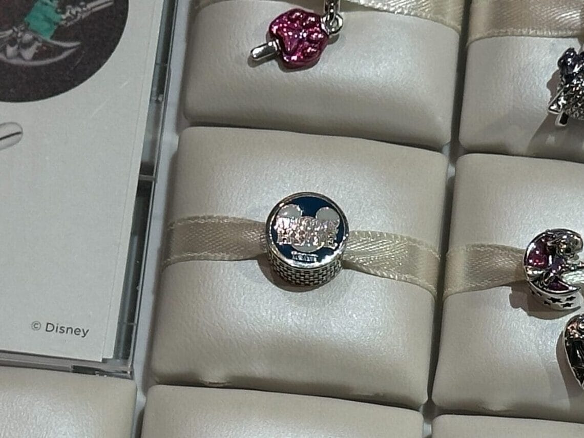 Assorted Disney park silver charms with colorful gems displayed in a jewelry case on white cushions, inspired by global parks.