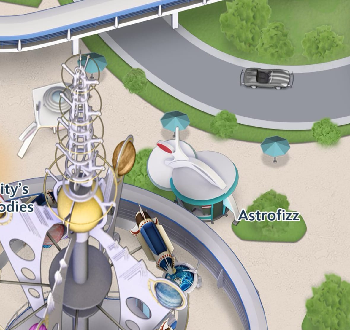 The Astro Fizz snack kiosk, futuristic in design, sits roadside near Magic Kingdom—umbrellas, lush plants, and a parked car nearby.