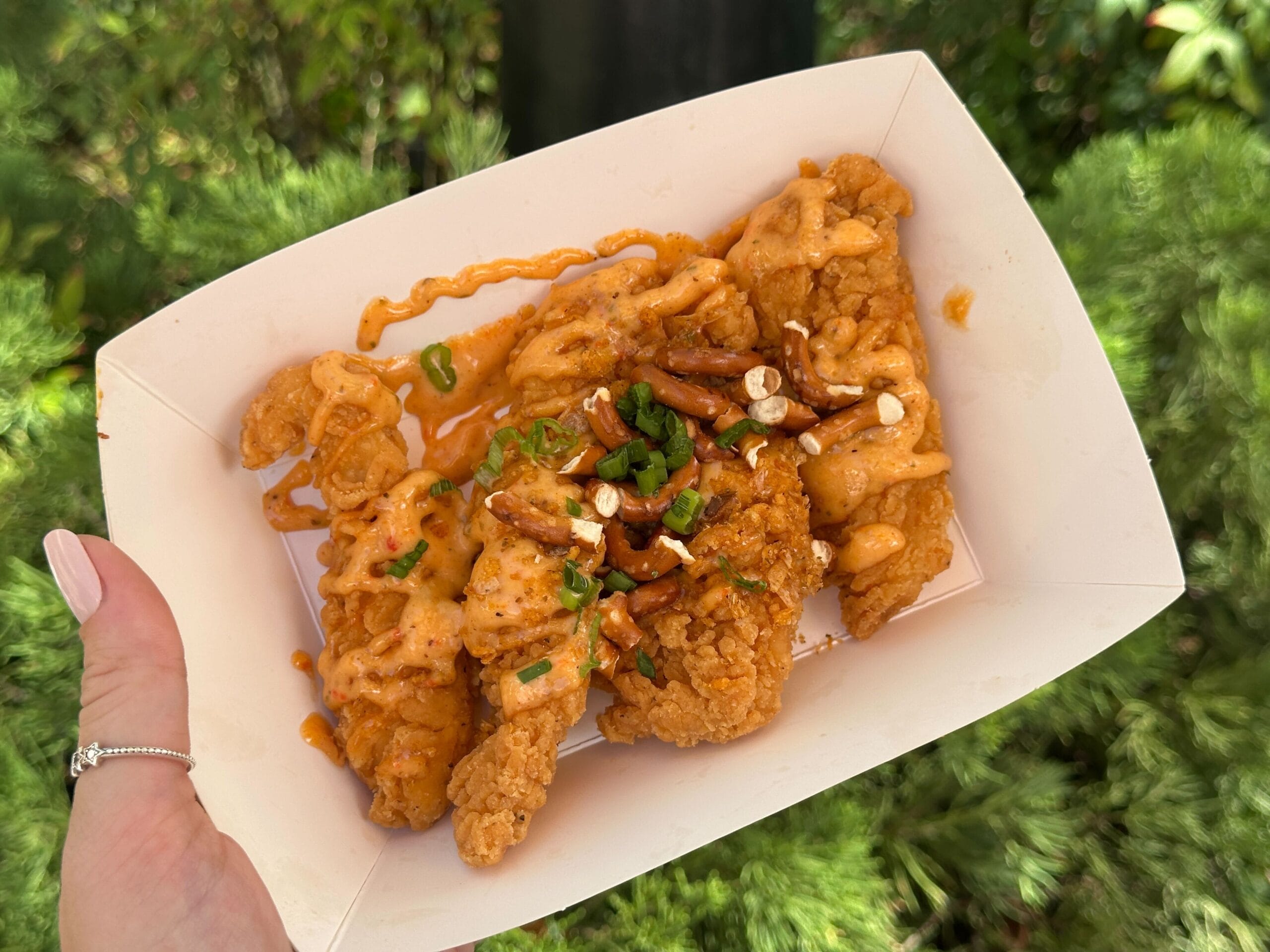 A hand holds a tray of seaside chicken strips drizzled with sauce and green onions, a Disney Parks snack near castle views.