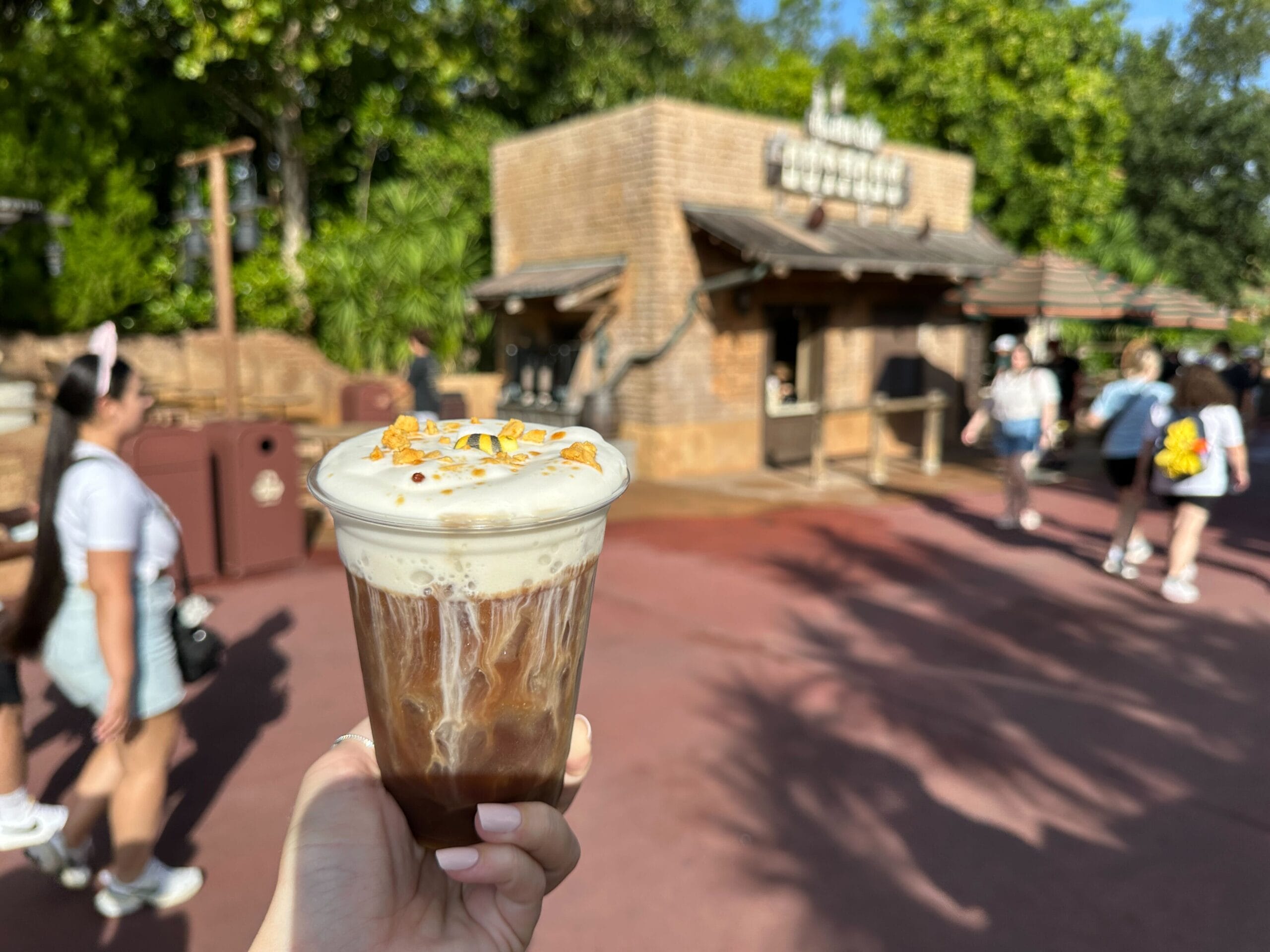 A hand holds a Honey-Lavender Cold Brew with foam and sprinkles by a rustic Magic Kingdom snack stand, no castle in view.