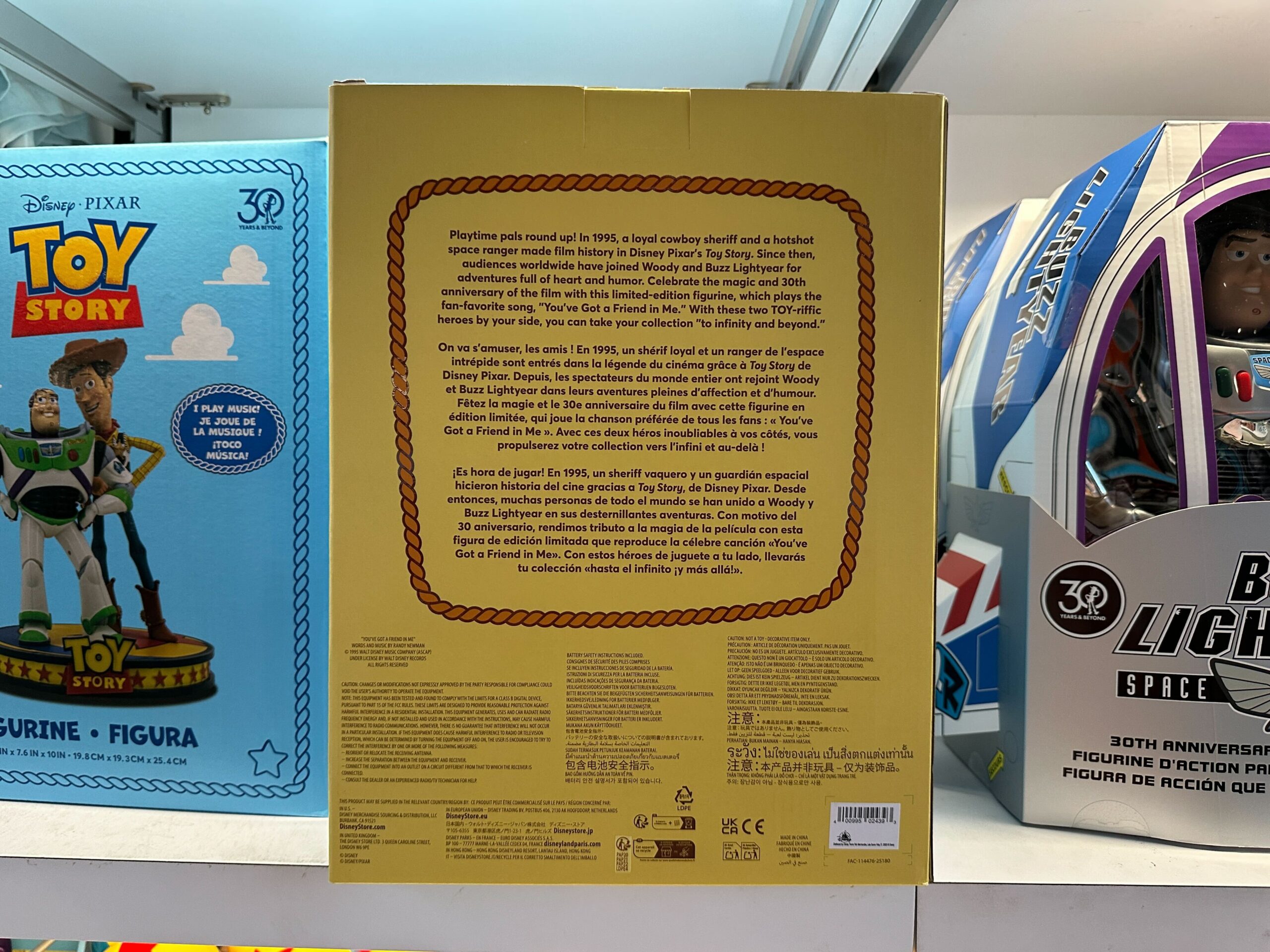Back of a Toy Story 30th Anniversary Woody figure box amid other Toy Story items—no castle, but Disney Park exclusives nearby.