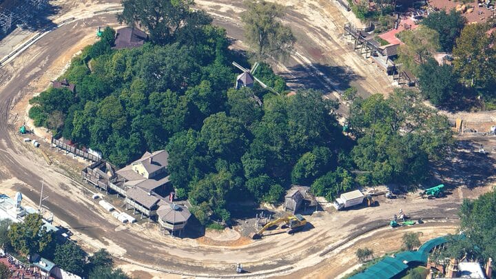 Aerial views of Tom Sawyer Island in Disneyland show it lush with trees, construction vehicles and demolition, no castle like Cinderella’s.