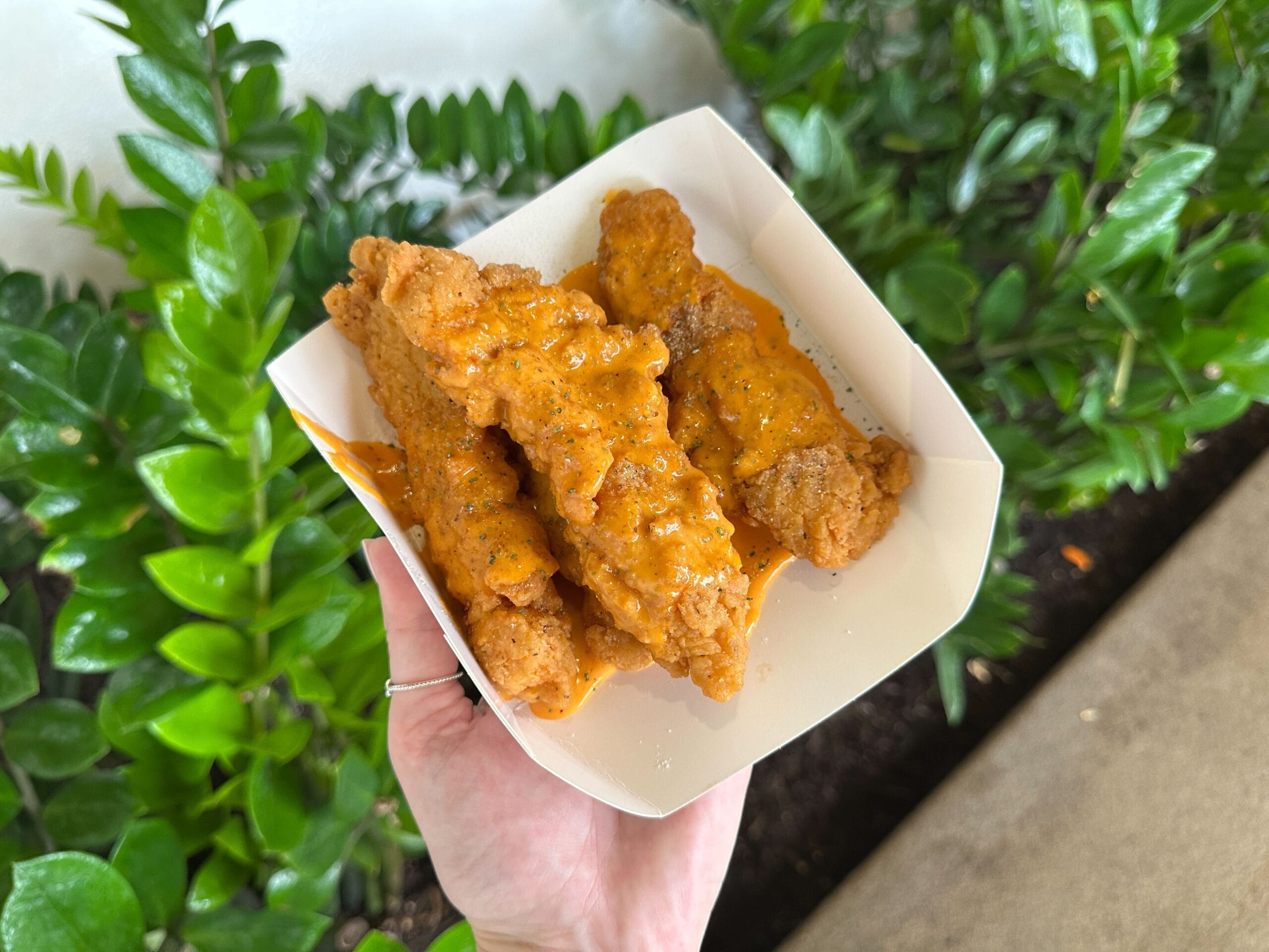 A hand holds three crispy Buffalo Chicken Strips in orange sauce, served in a paper tray with lush Disney park landscaping behind.