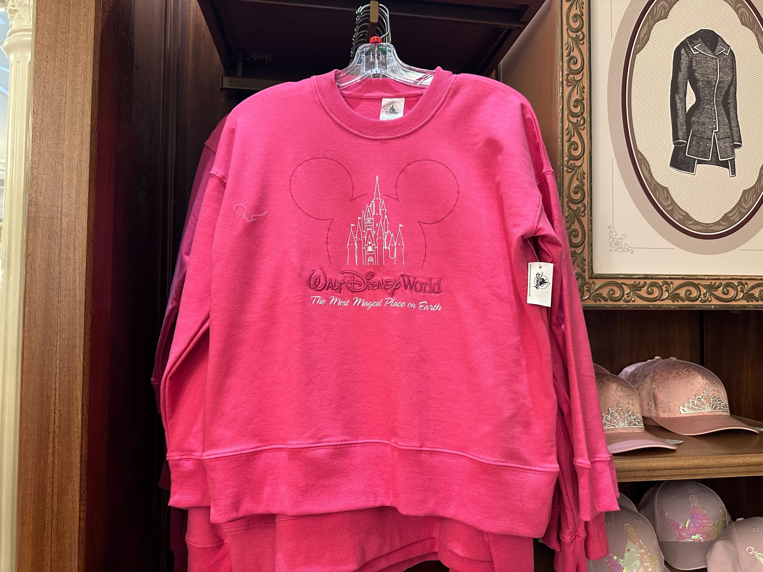 Pink Walt Disney World sweatshirt on a store rack, showing a castle and Mickey Mouse outline resembling Cinderella Castle in Florida.