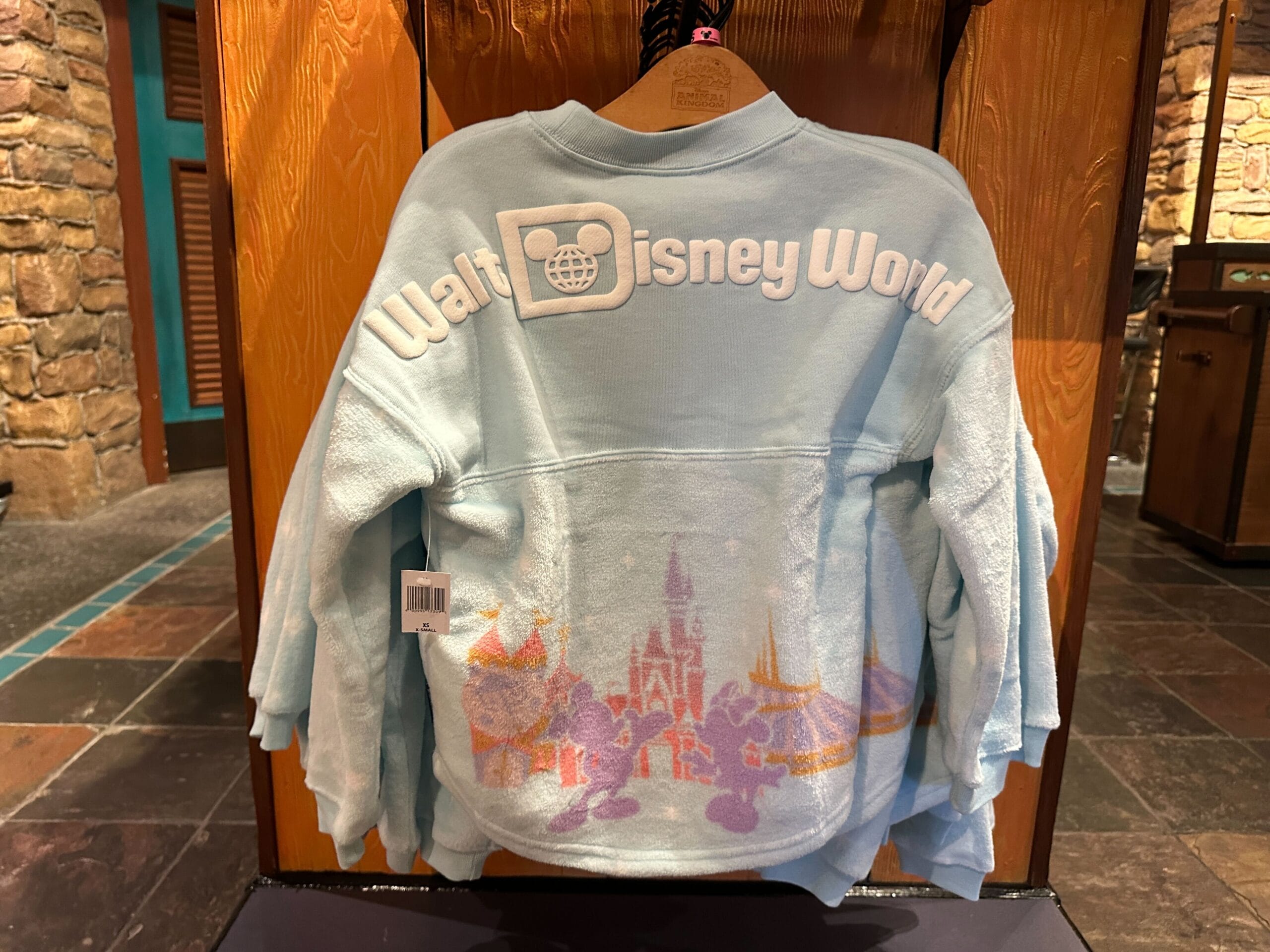 Light blue Walt Disney World jacket with white logo and pastel park icons; silhouettes evoke WDW, not any international castle designs.