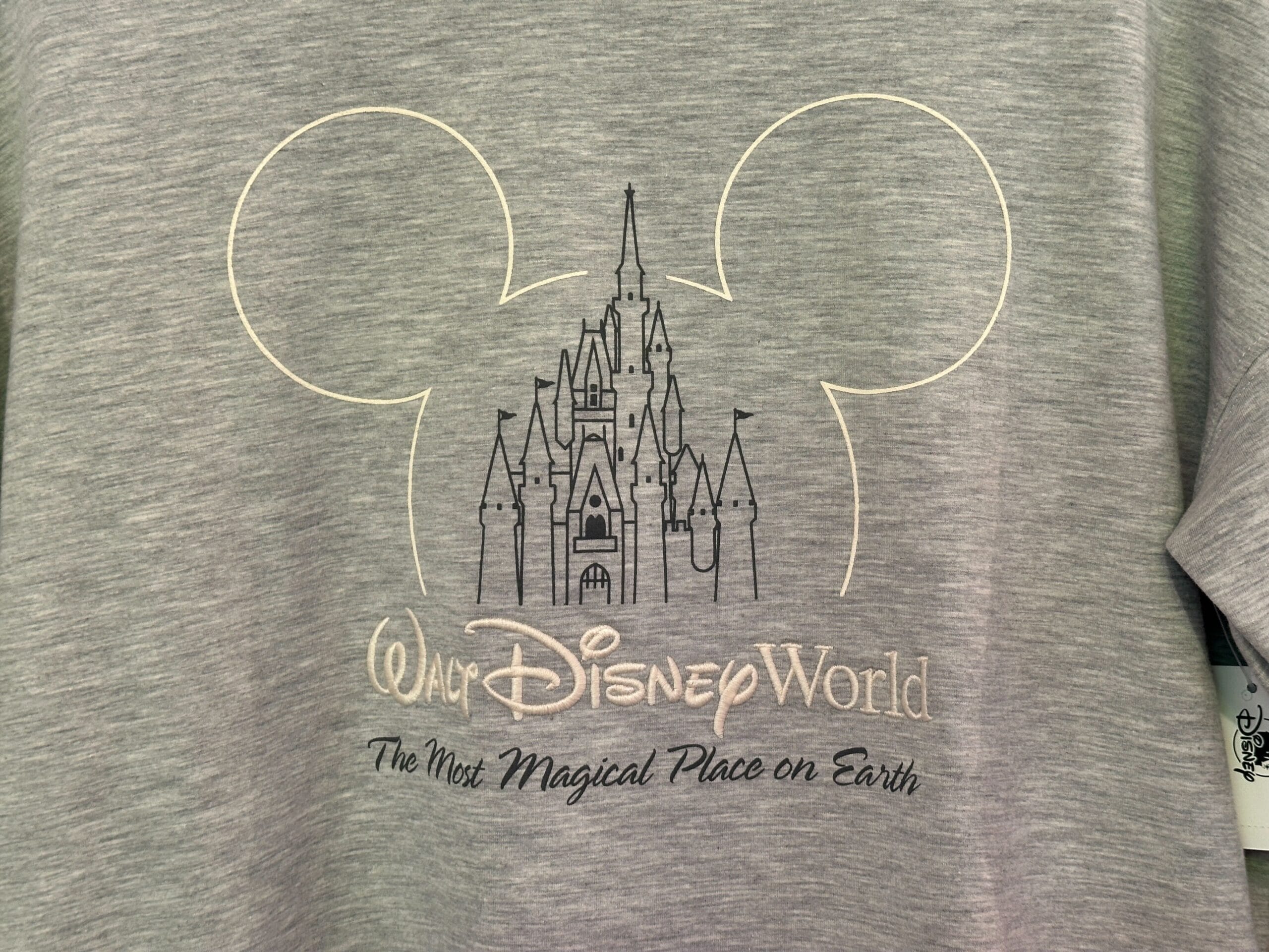 Gray shirt with outline of Mickey ears and Cinderella Castle, referencing Walt Disney World’s unique Florida castle, plus slogan text.