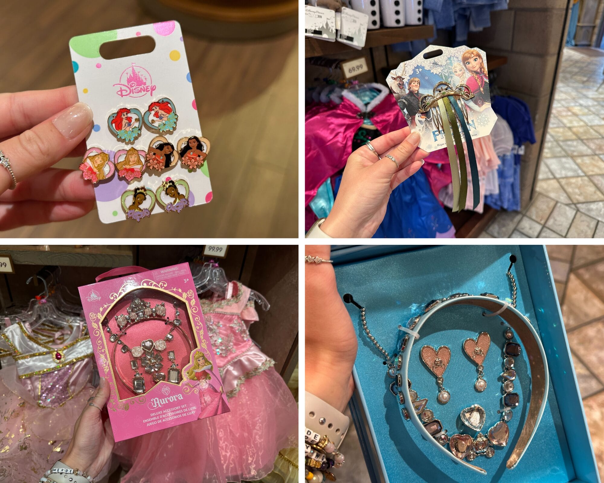 Four images show Disney Princess-themed jewelry and hair accessories in a store, evoking the magic of Disney Parks worldwide.