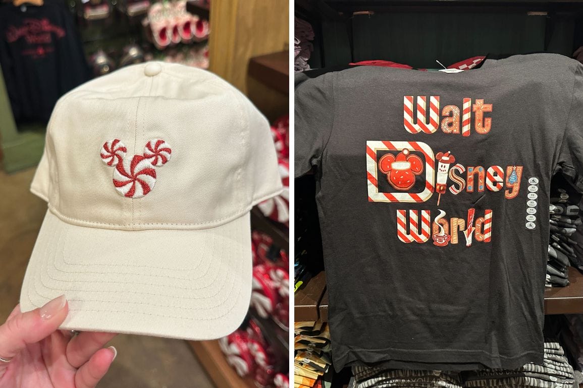 A cream baseball cap with a peppermint Mickey alongside a Disney World holiday shirt with candy cane motifs, Magic Kingdom style.
