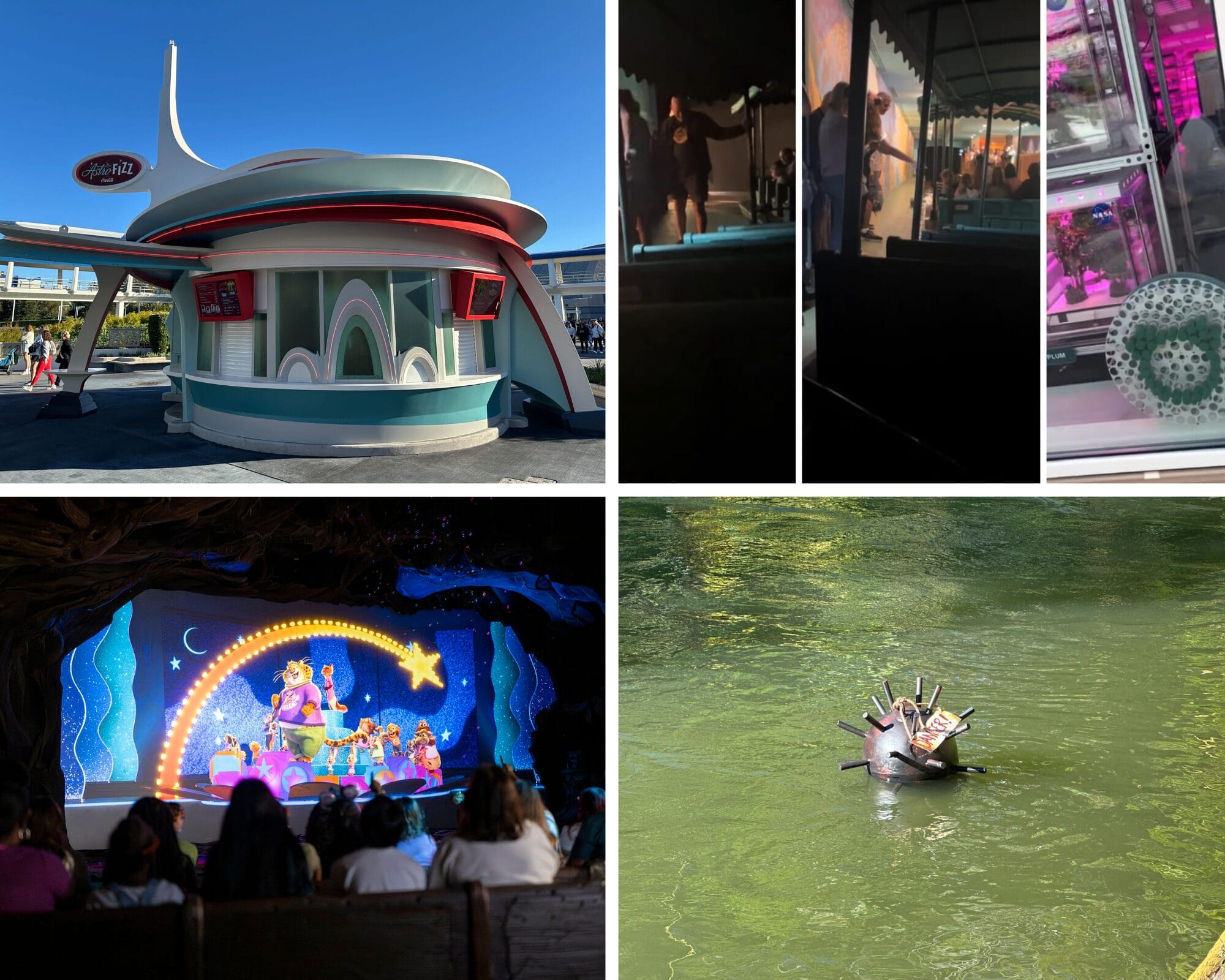 Four Disney Park shots: a retro diner, moody show scenes, bright live park performance, and a green-lit robotic hand display.