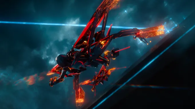 Two Tron-style robotic creatures with wings soar in a neon-lit sci-fi setting, echoing TRON Lightcycle Run at Disney parks.
