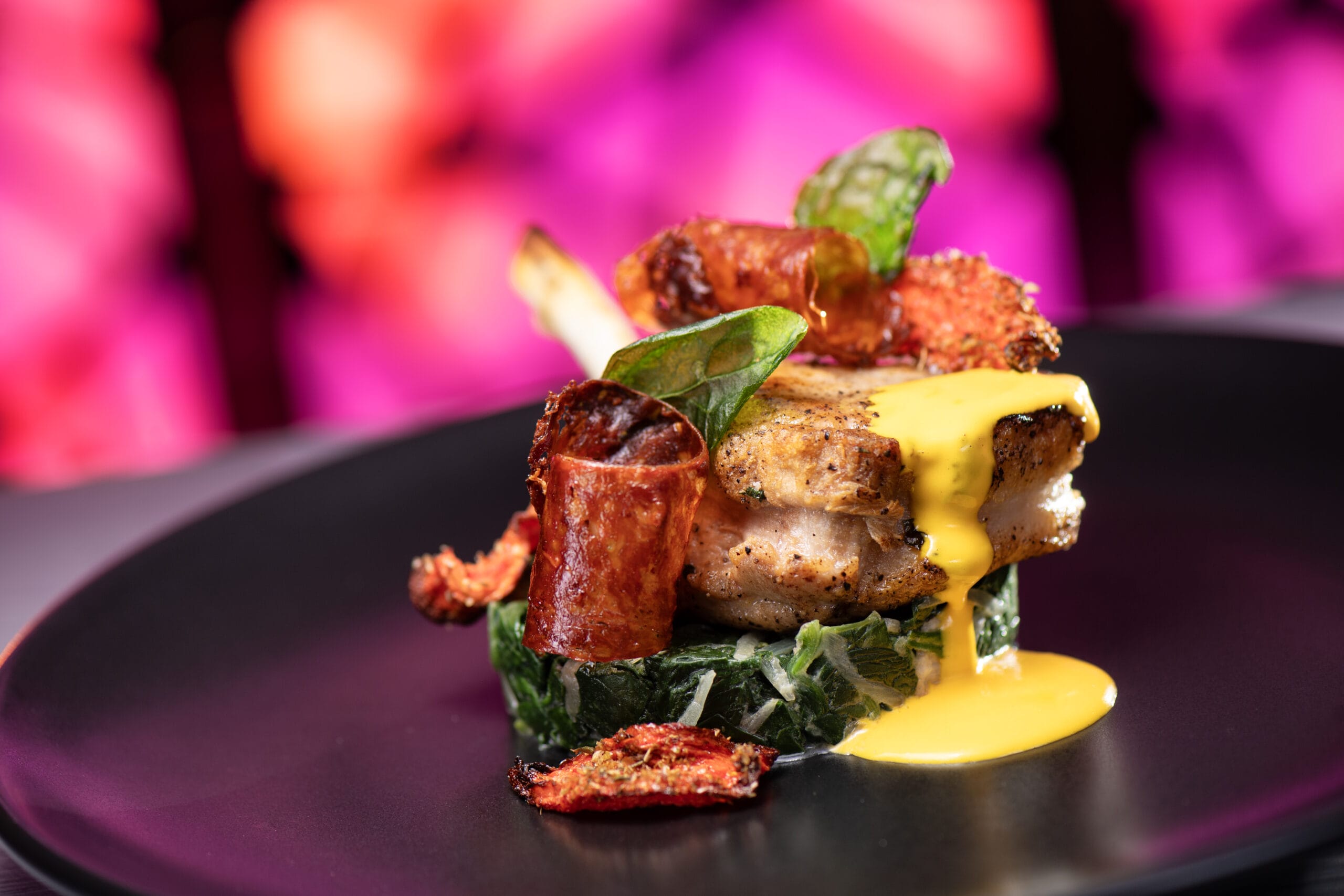 Toledo - Tapas, Steak & Seafood - Gourmet plated dish with grilled chicken, sausage, greens, yellow sauce, and tapas on a black plate, bright pink background.