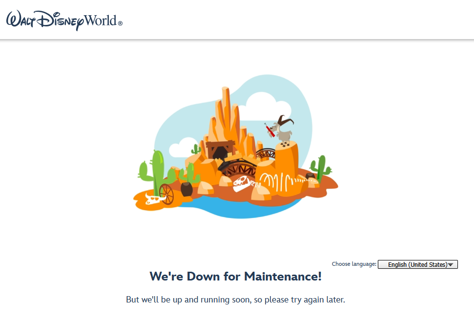 Dining Reservations are down—wander our playful Disney Parks western cartoon scene as we work, featuring no castle views today!