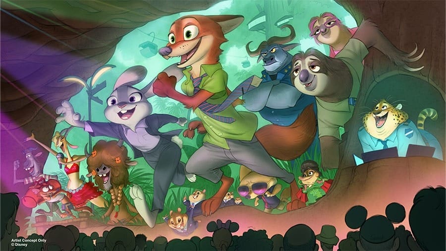 Concept art for Zootopia: Better Zoogether! at Disney's Animal Kingdom, featuring Judy Hopps, Nick Wilde, Officer Clawhauser, Lemmings, and Gazelle among other characters.